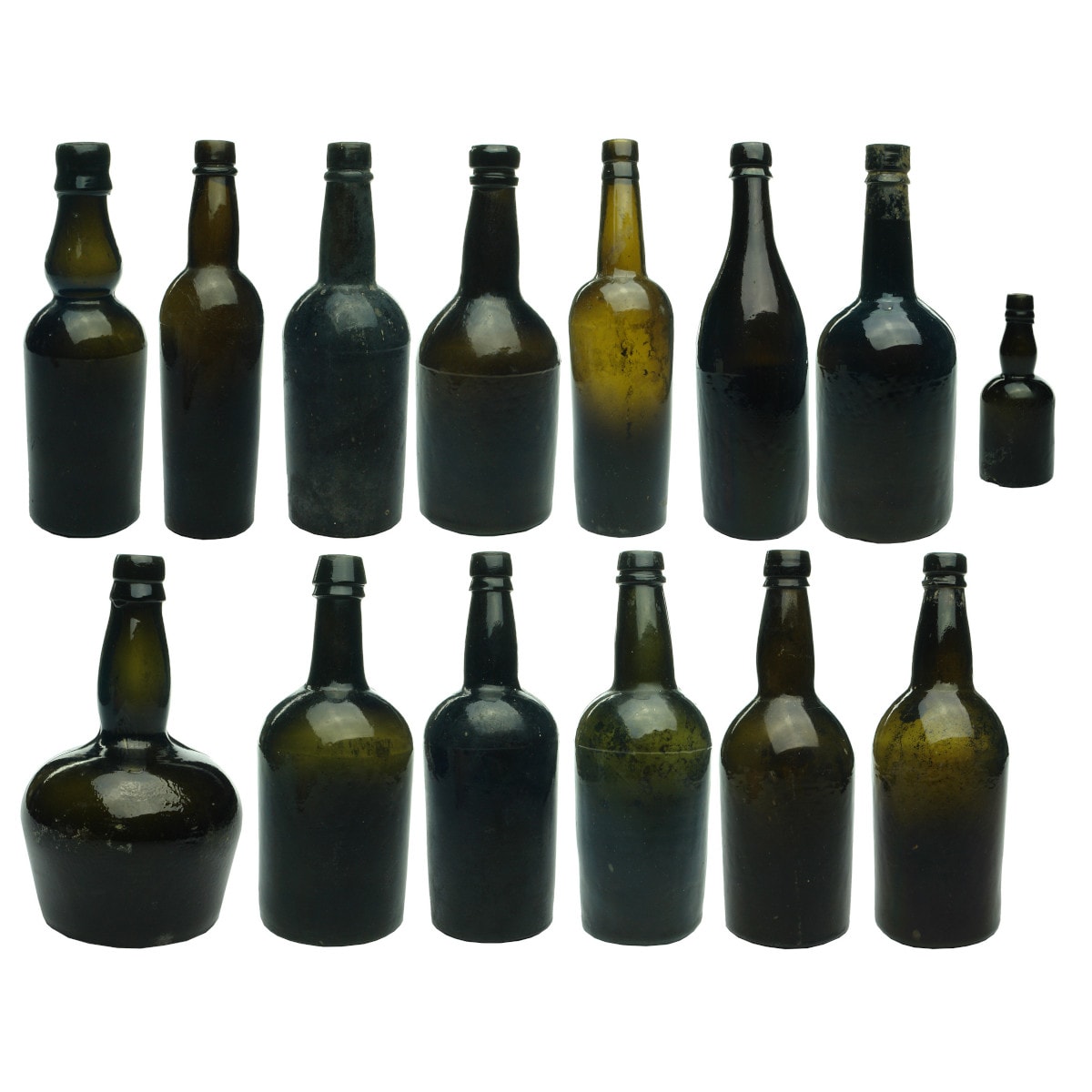 14 Plain black glass bottles. Various shapes and styles. Includes one sample size.