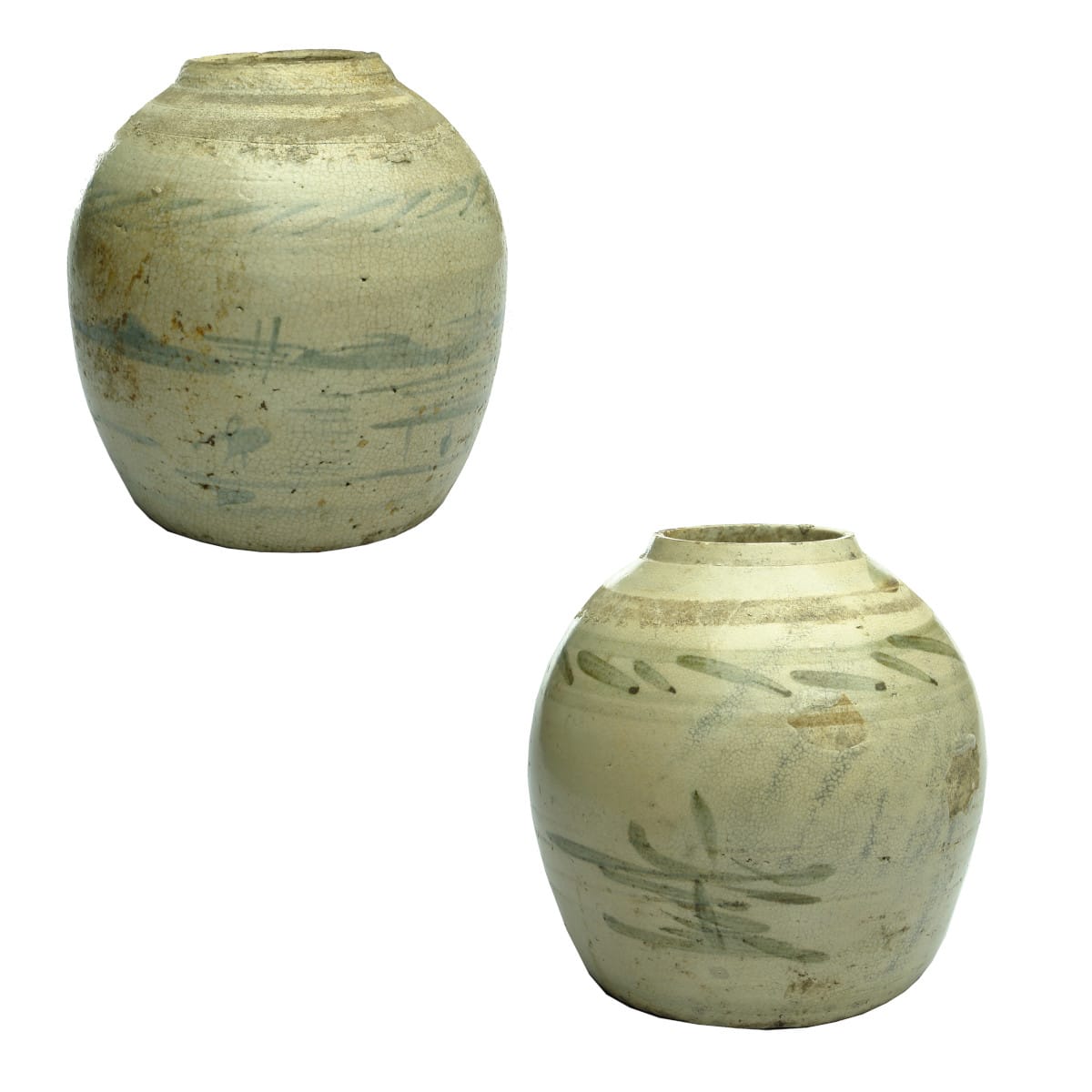Two large Chinese Ginger Jars. Blue and Grey-Green brush strokes decoration.