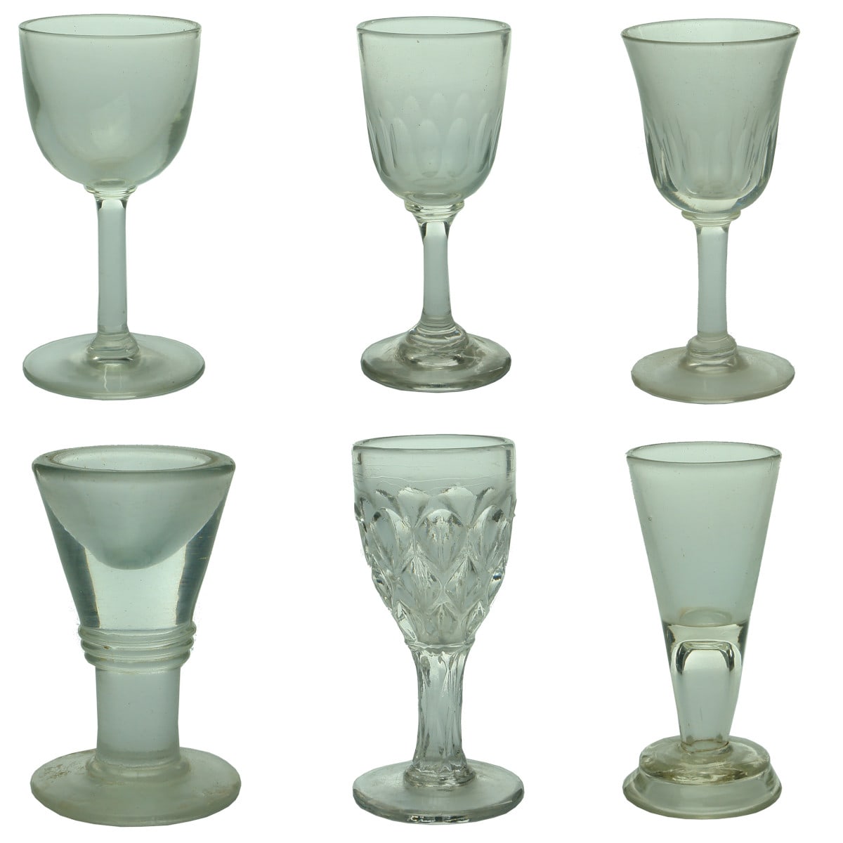 Six Early Glasses: 5 x Port Glasses and a Penny Lick. One Georgian, 4 Victorian era and one later one.