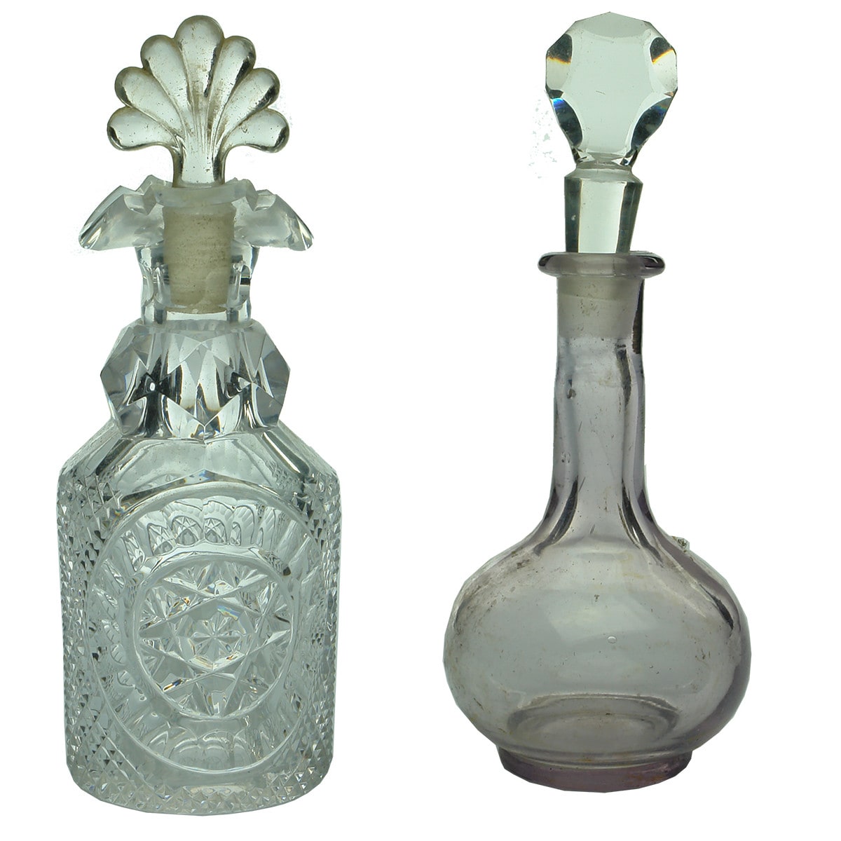 2 Glass Items.  Cut Glass Perfume with Polished Pontil. Amethyst Vinegar Decanter.