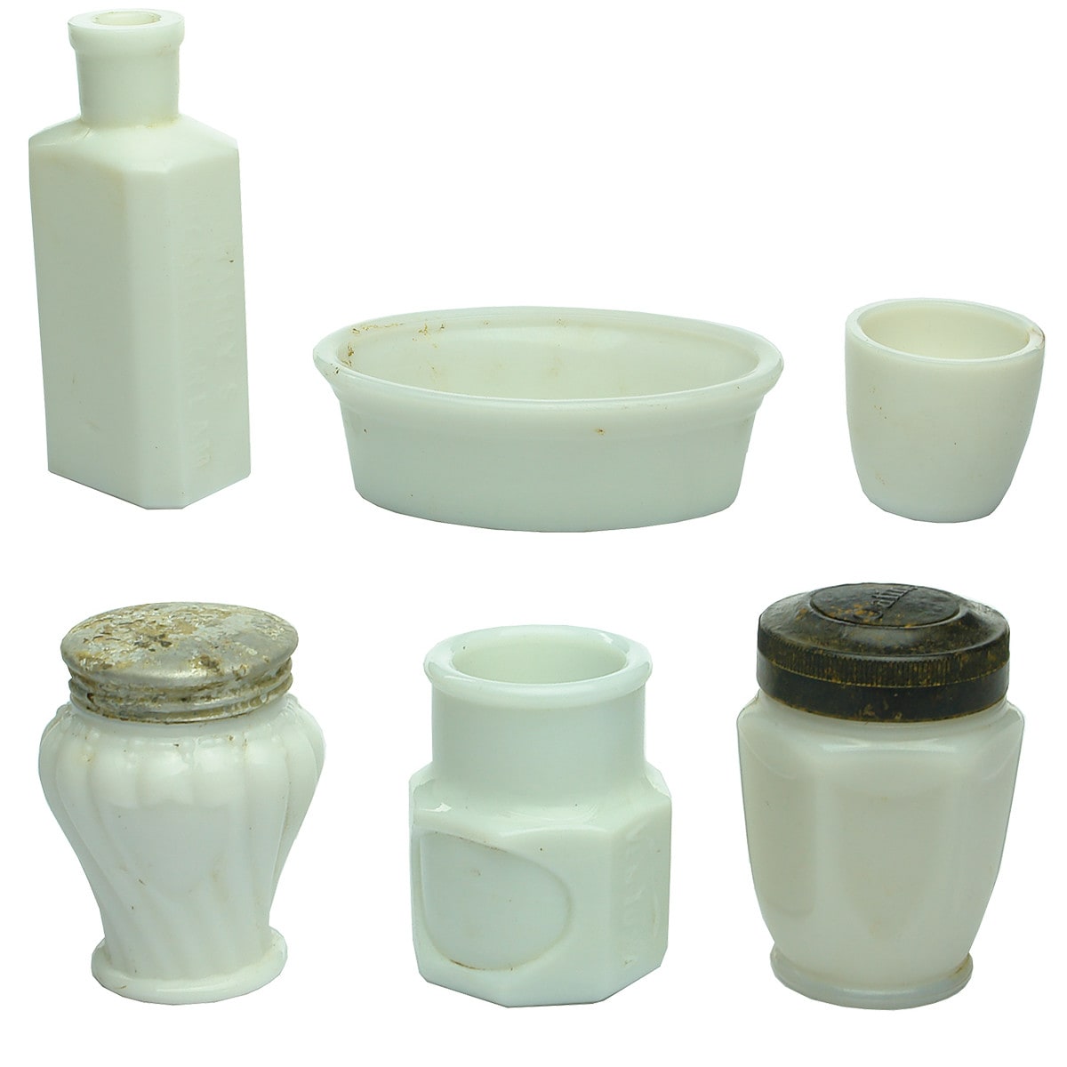 6 Milk Glass items: Barry's Pearl Cream; W. T. & Co dish; Egg Cup? Ornate cosmetic jar with aluminium cap; Octagonal Ven-Yusa jar; Hexagonal Oatine jar with bakelite cap.
