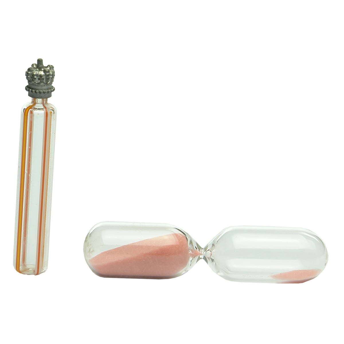 Glassware. Small striped scent vial and a small hourglass.