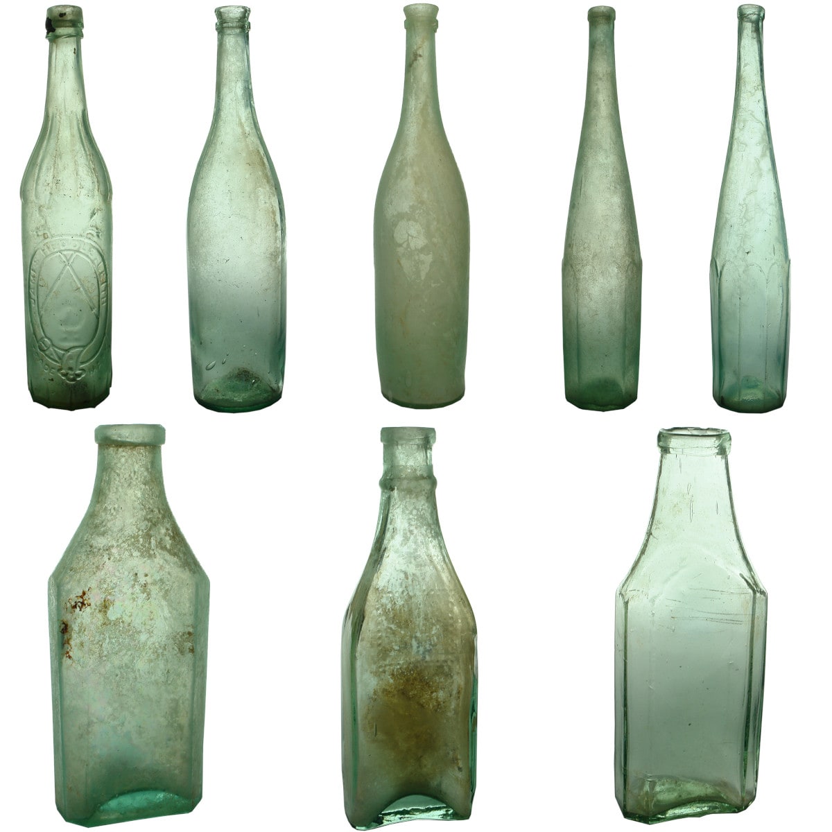 8 Goldfields type bottles: Heddle Leith; 4 early vinegars; 3 Mustard sauce or chutney types.
