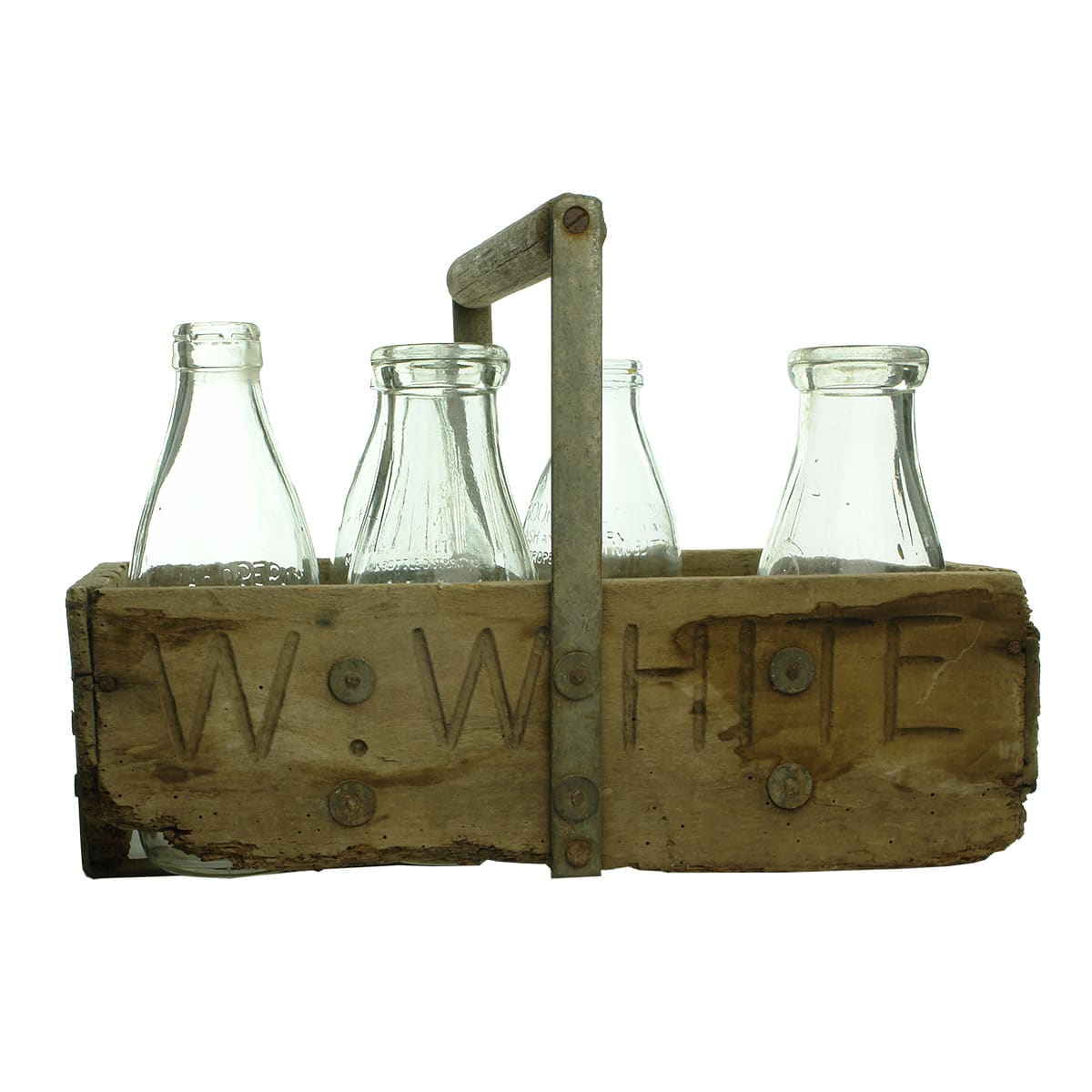 Wooden & Metal handled milk bottle carrier. W. White engraved in side. (Cotswolds Hils Dairy, Toorak, Victoria) Plus five milk bottles.