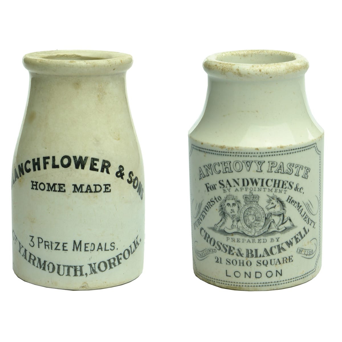 Pair of Fish Paste Jars: Blanchflower & Sons, Great Yarmouth; Crosse & Blackwell, London.