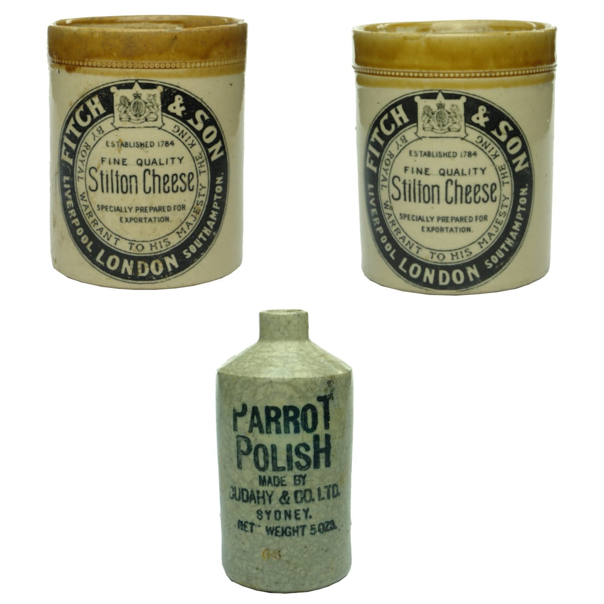 3 Items, 2 jars and a polish bottle. Both jars - Fitch & Son, London. Stilton Cheese; Cudahy, Sydney. Parrot Polish.