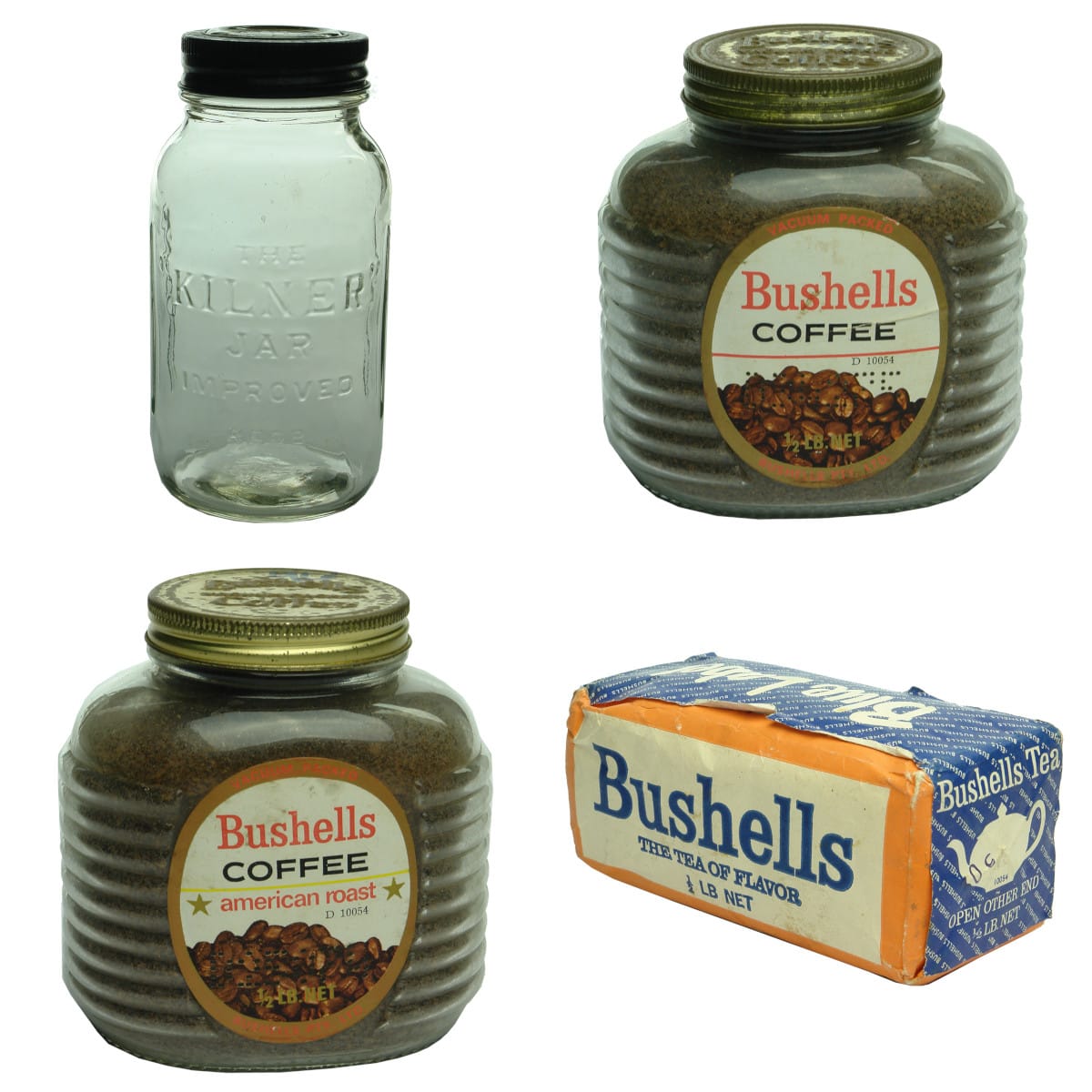 3 Jars and Packaging: Kilner Jar; 2 x Bushells jars with contents; Bushells Blue Label Tea package.