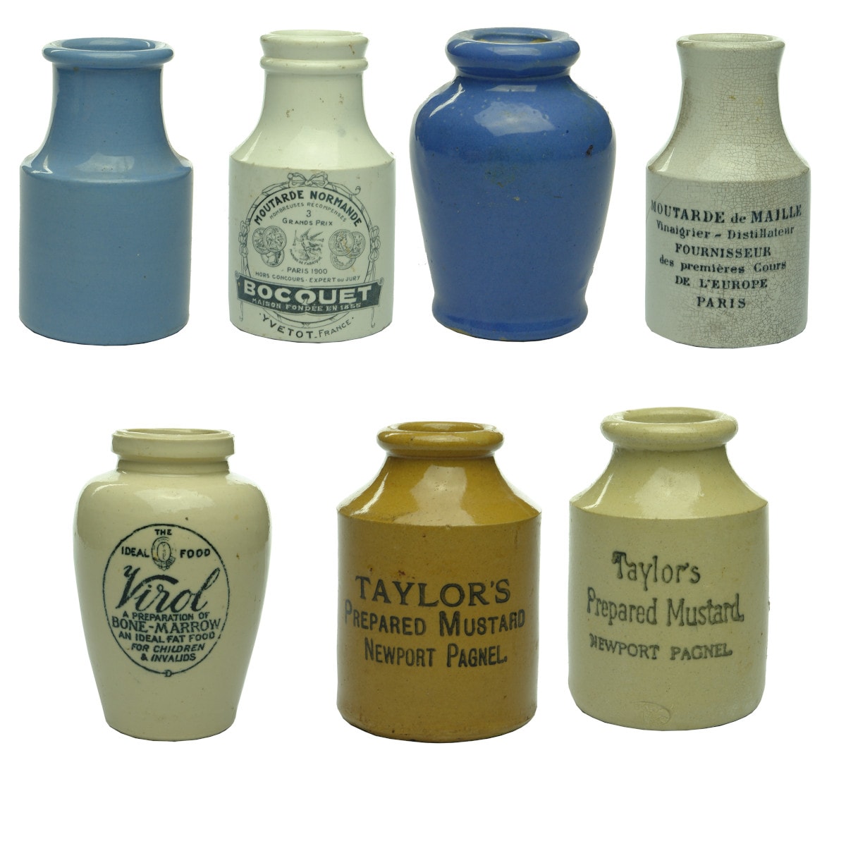 7 Household Jars. Plain blue jar; Moutarde Normande, Yvetot, France; Plain blue internal thread jar; Virol Bone-Marrow; Taylor's Prepared Mustard, Newport Pagnel, all tan & all white; Moutarde de Maille, Paris.