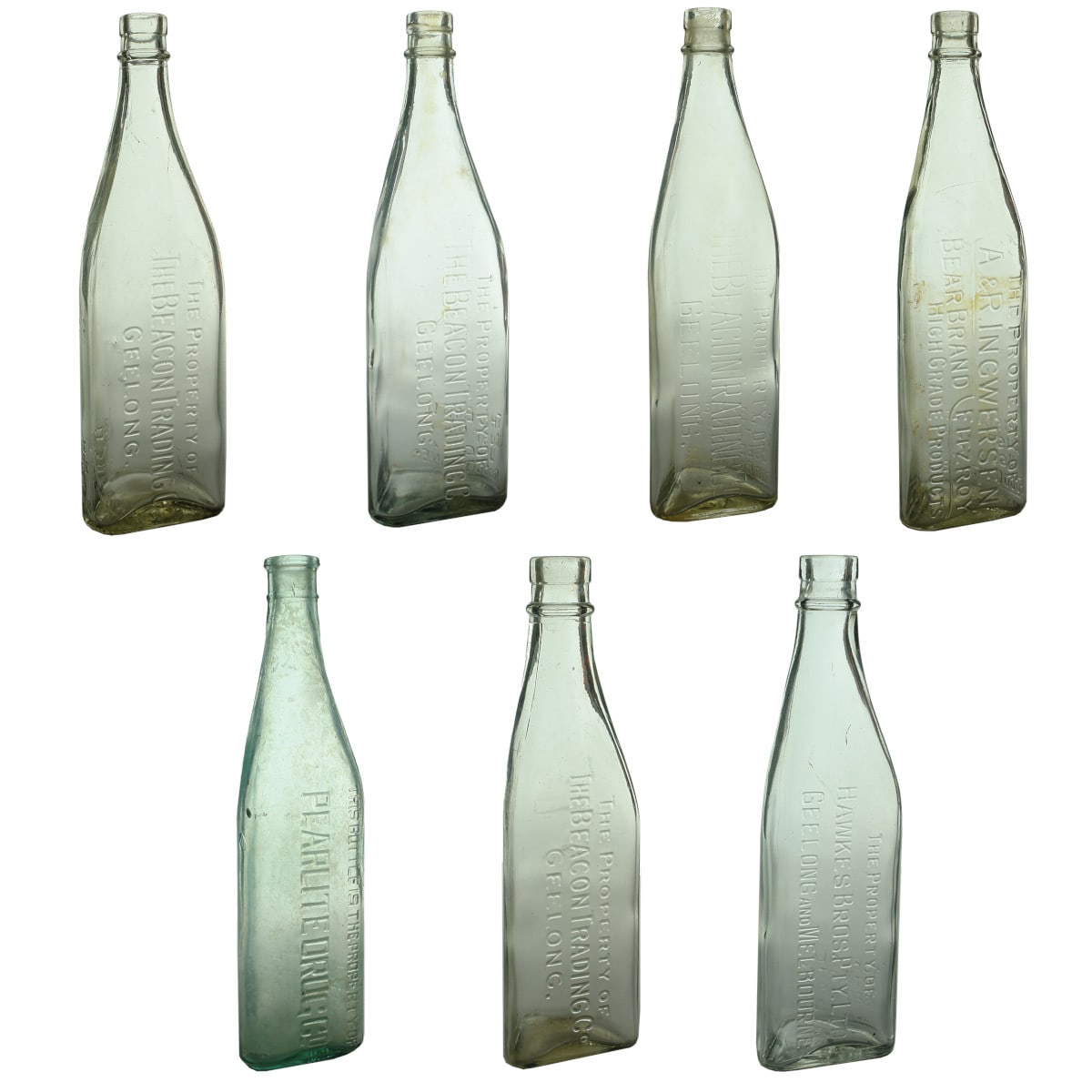 7 Kerosene/Meths type bottles: 4 x Beacon Trading Co; Ingwersen Bear Brand; Pearlite Drug Co; Hawkes Bros. (Victoria)