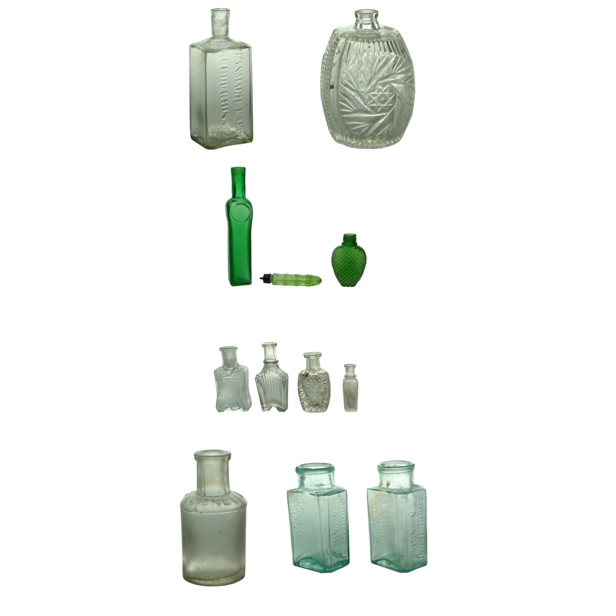 12 Perfume like items: Jean Marie Farina; Fancy moulded; three green (one uranium glass); Five clear glass including John Gosnell. 2 Pontil scarred French.