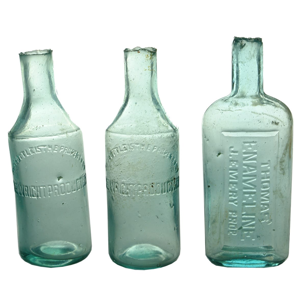 Three polish/paint type bottles. Thomas's Enameline, Emery Prop. 2 x The Wright Products Co. Shear Lips.
