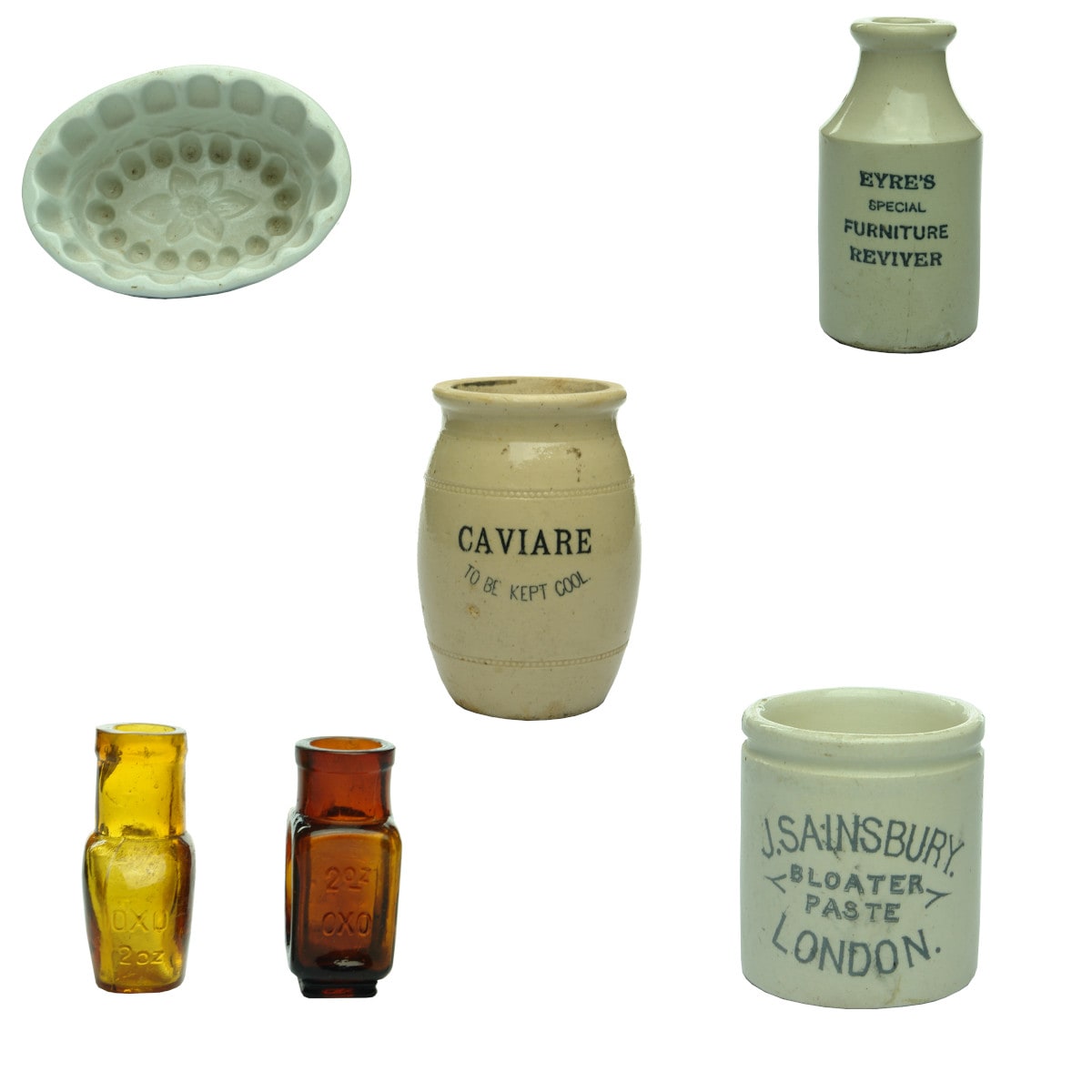 6 Household items/jars: Jelly Mould; Eyre's Reviver; Caviare; Pair of OXO jars; Sainsbury Bloater Paste.