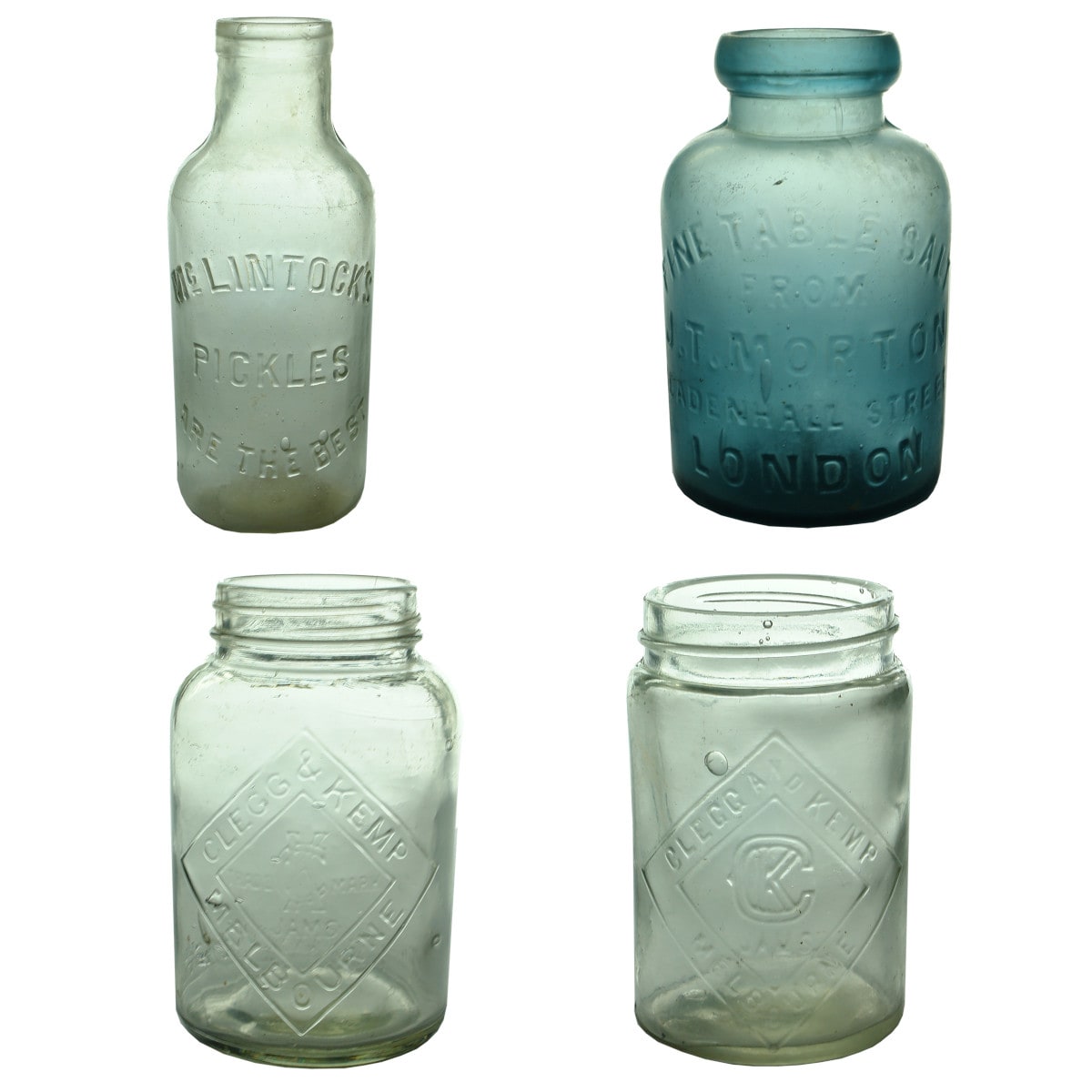 Four Jars: McLintock's Pickles; Morton Salt Jar; 2 different Clegg & Kemp, Melbourne.