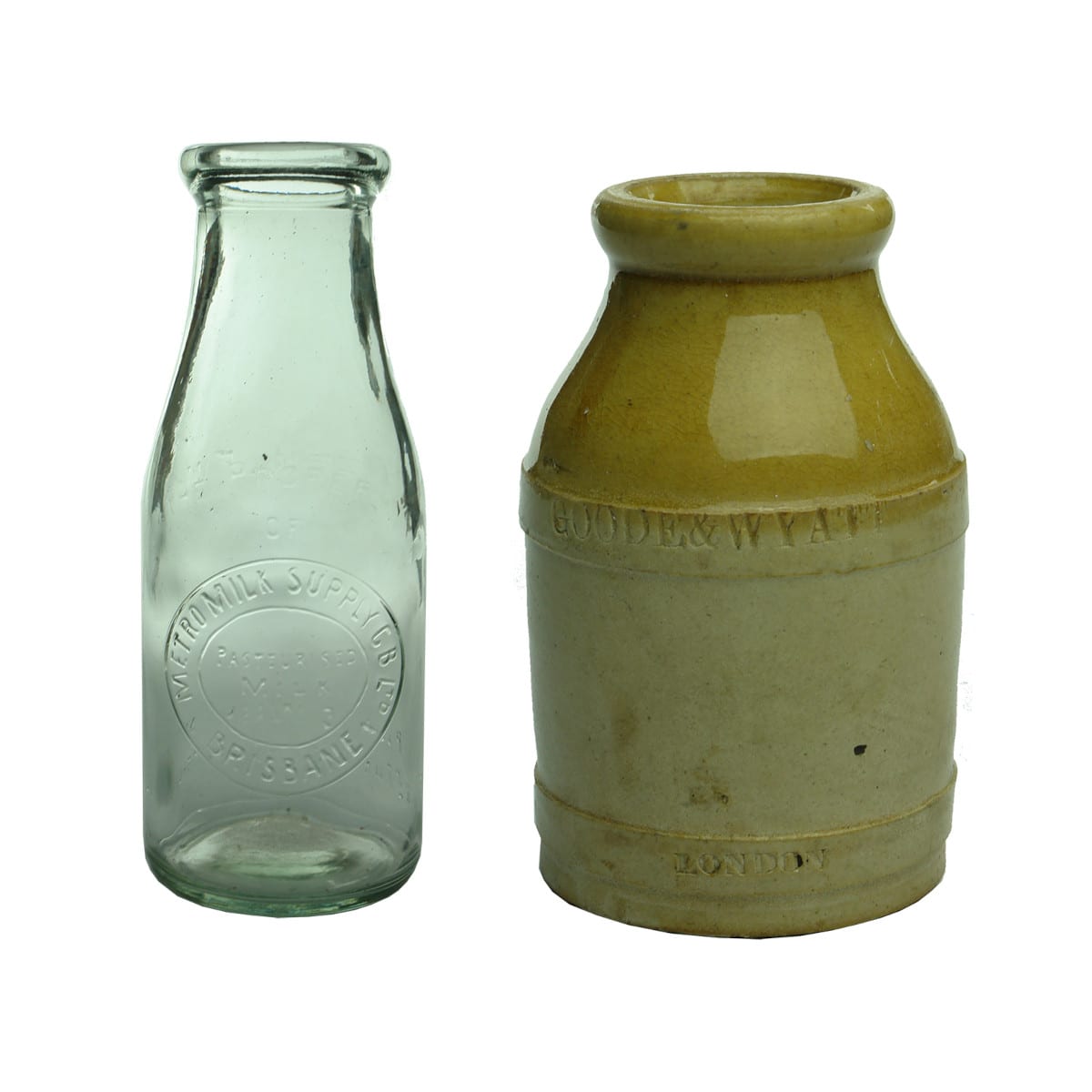 Two Household Items: Metro Milk Supply Brisbane Pint Milk and Goode & Wyatt, London stone jar.