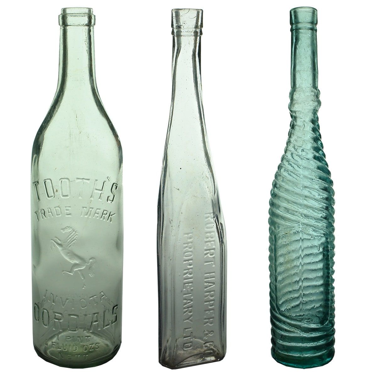 3 Household Bottles: Tooth's Cordial; Robert Harper oil; Full Whirley.