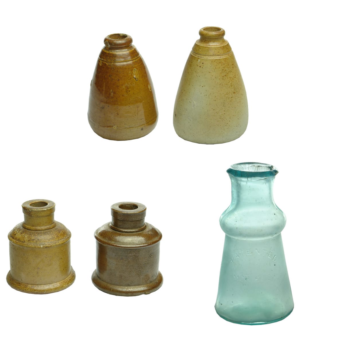 Five Inks/Gums: Two conical stoneware Beehives; Two stoneware Cotton reels; Bixby base embossed stain.