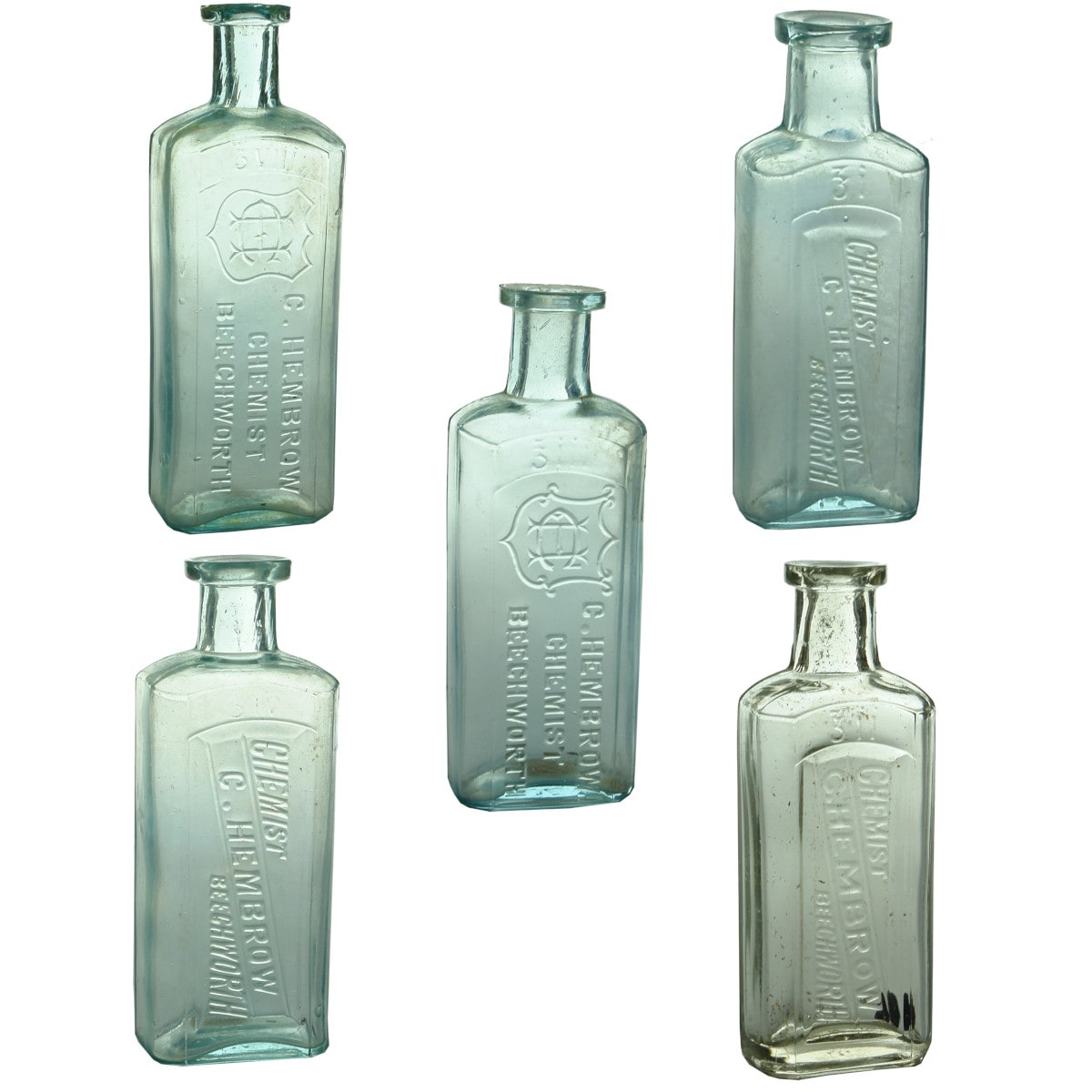Five different Chemist bottles from C. Hembrow, Beechworth. (Victoria)