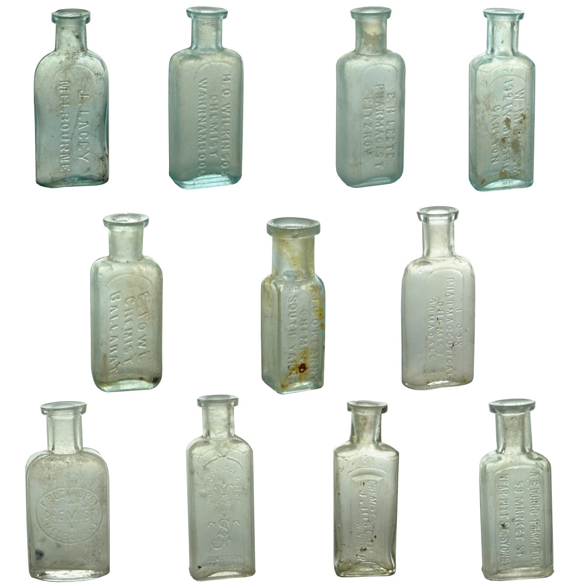 11 x 1 oz or smaller chemist botles: Lacey; Wilkinson; Leete; Markham; Towl; O'Kearny; Cox; Buckhurst; Johnson; Hislop; Durno.