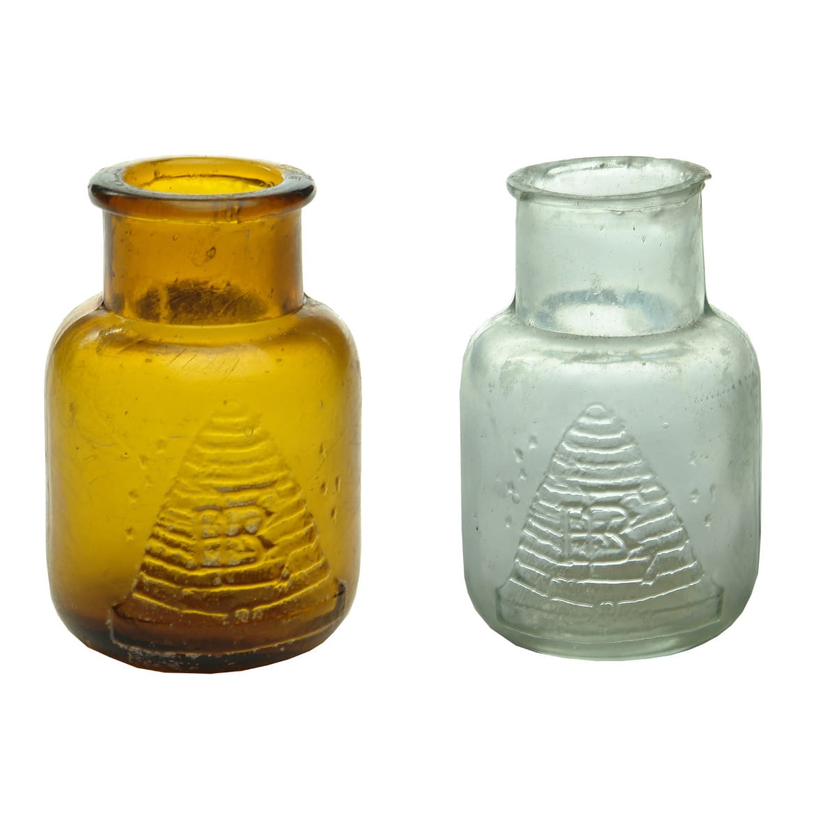 Pair of Small squat jars. Elliott Bros., Beehive. Amber & Clear. 2 oz. (Queensland & New South Wales)