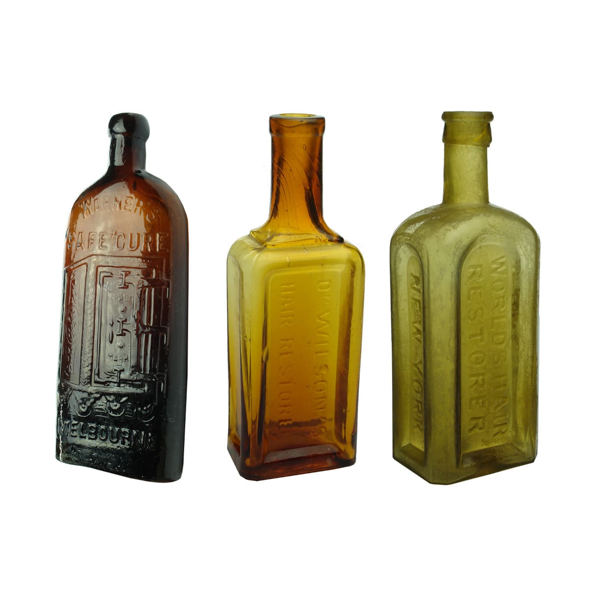 3 Bottles: Warners & 2 Hair Restorers. Warner's Safe Cure Melbourne; Dr Wilson's; Mrs S. A. Allen's.