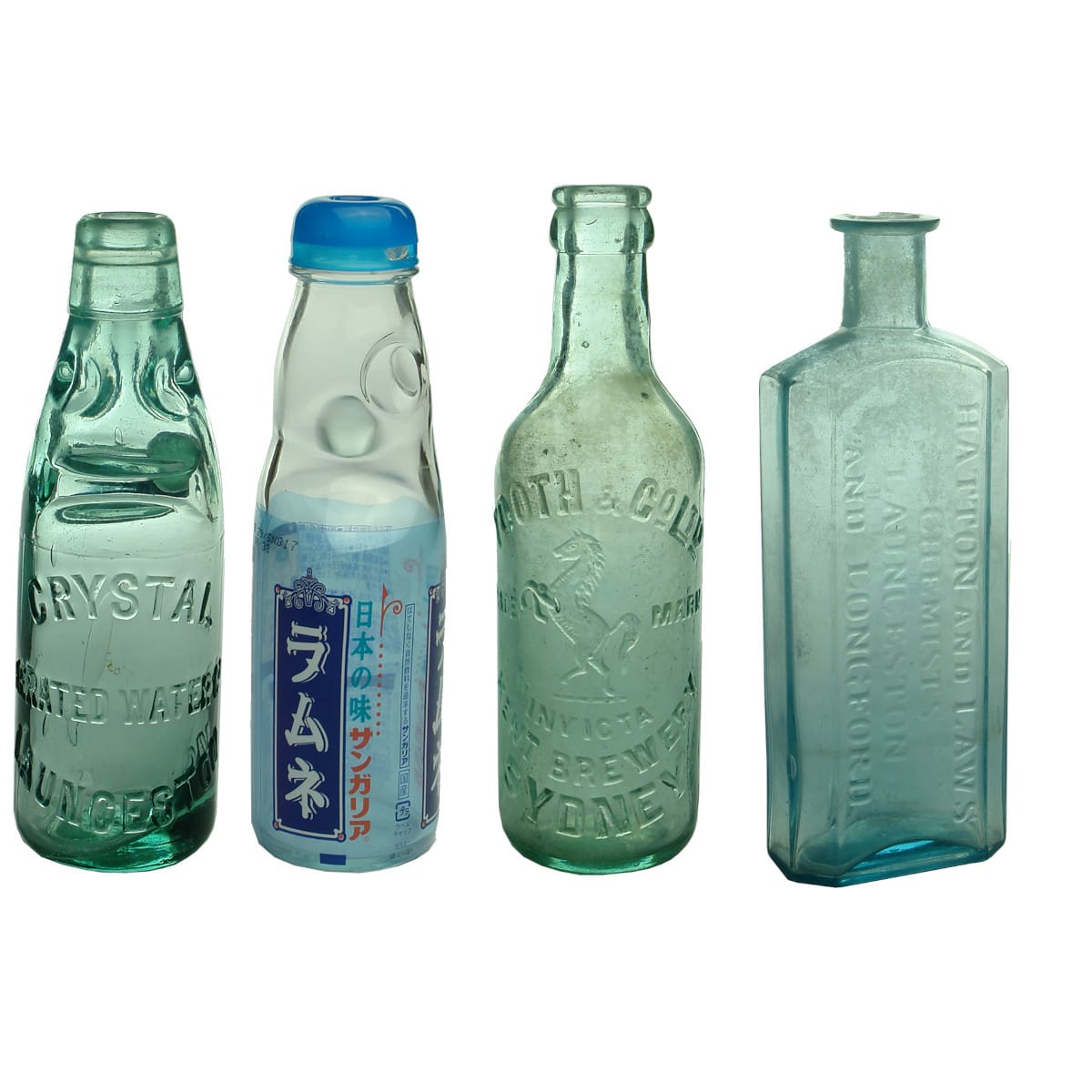 Four Bottles: Crystal Aerated Water, Launceston 6 oz Codd; Modern Japanese Codd; Tooth & Co, Sydney 6 oz Crown Seal; Hatton & Laws, Launceston & Longford Chemist.