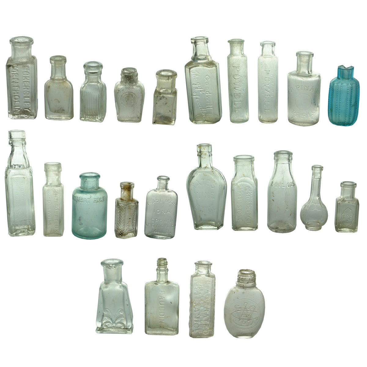 24 Small Bottles: Eckersley's; Poison; Perfume; Goodwill; Pinaud; Powell; Wombat; Longmore's; Effel Tower, etc. etc.