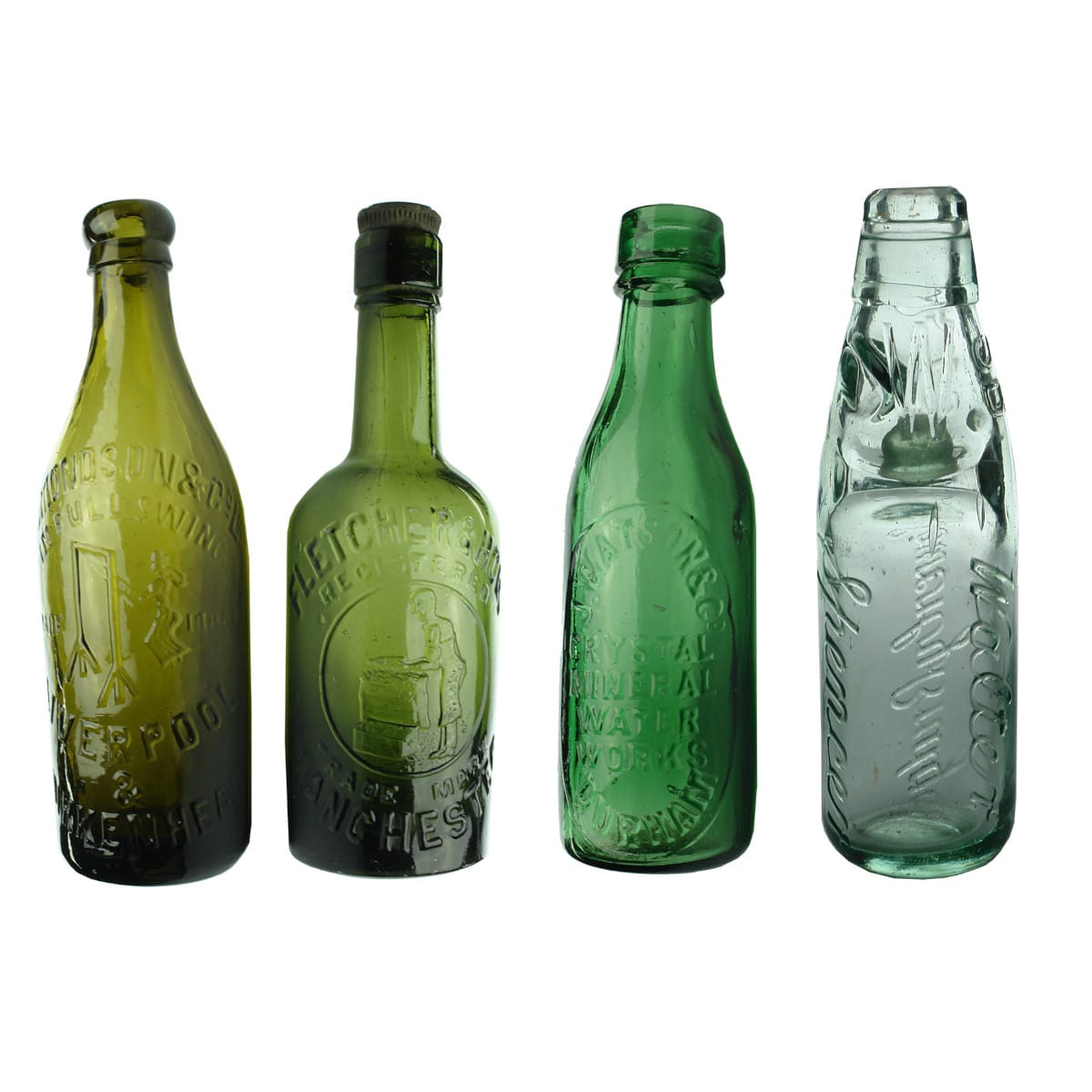 4 British Bottles: Edmondson & Co; Fletcher & Holt; J. Watson, Durham; Walter Spencer Codd.