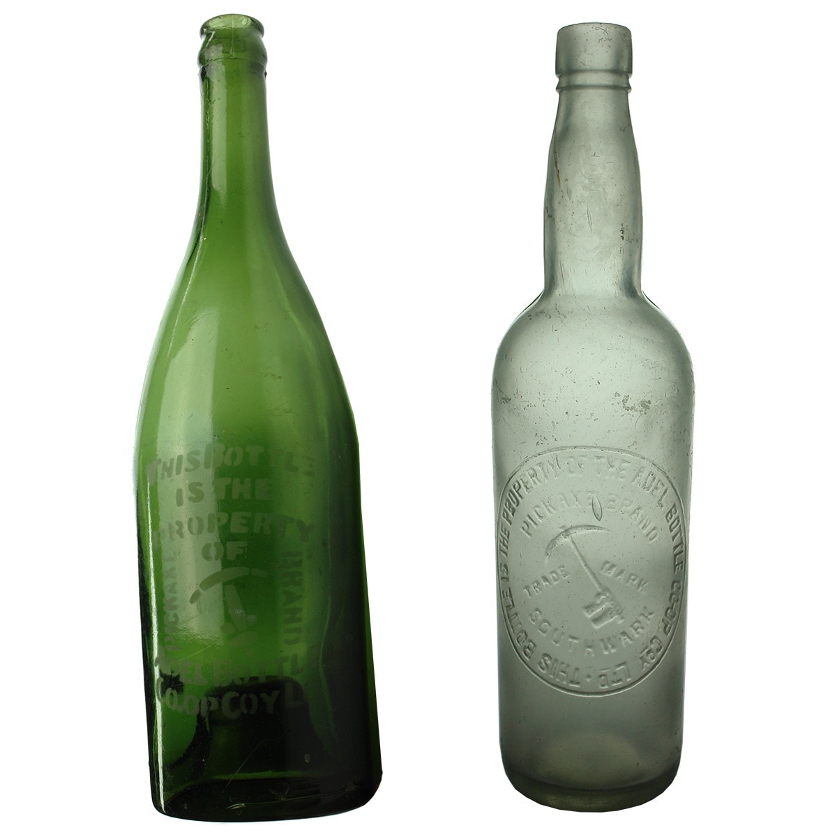 Pair of Pickaxe Bottles: Sandblasted Crown Seal Beer & Smoky coloured Southwark Wine. (South Australia)
