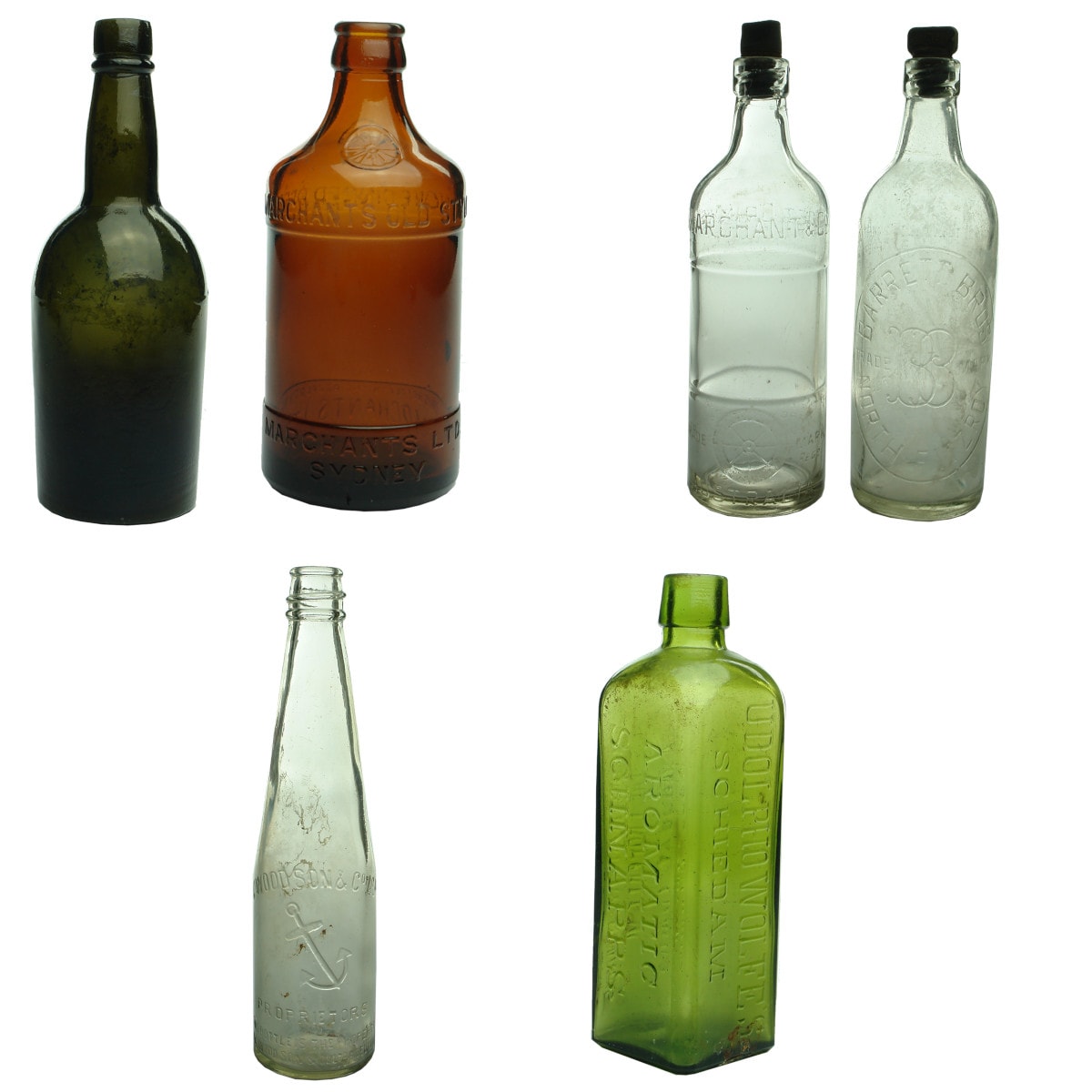 Miscellaneous. Plain black; Marchants Ltd., Sydney glass ginger beer; Marchant & Co machine top riley; Barrett Bros., North Fitzroy machine top riley; G. Wood Son & Ltd screw top sauce; Wolfe's Schnapps, M. Moss & Co Limited.