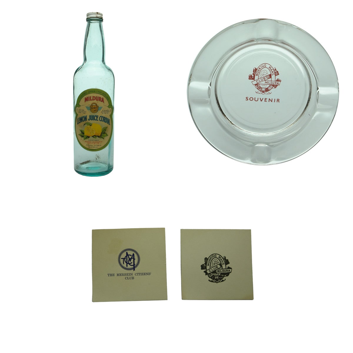 Four Mildura Items: Mildura Padlock Lemon Juice Cordial; Working Mans Club Ashtray & Coaster; Merbein Club Coaster. (Victoria)