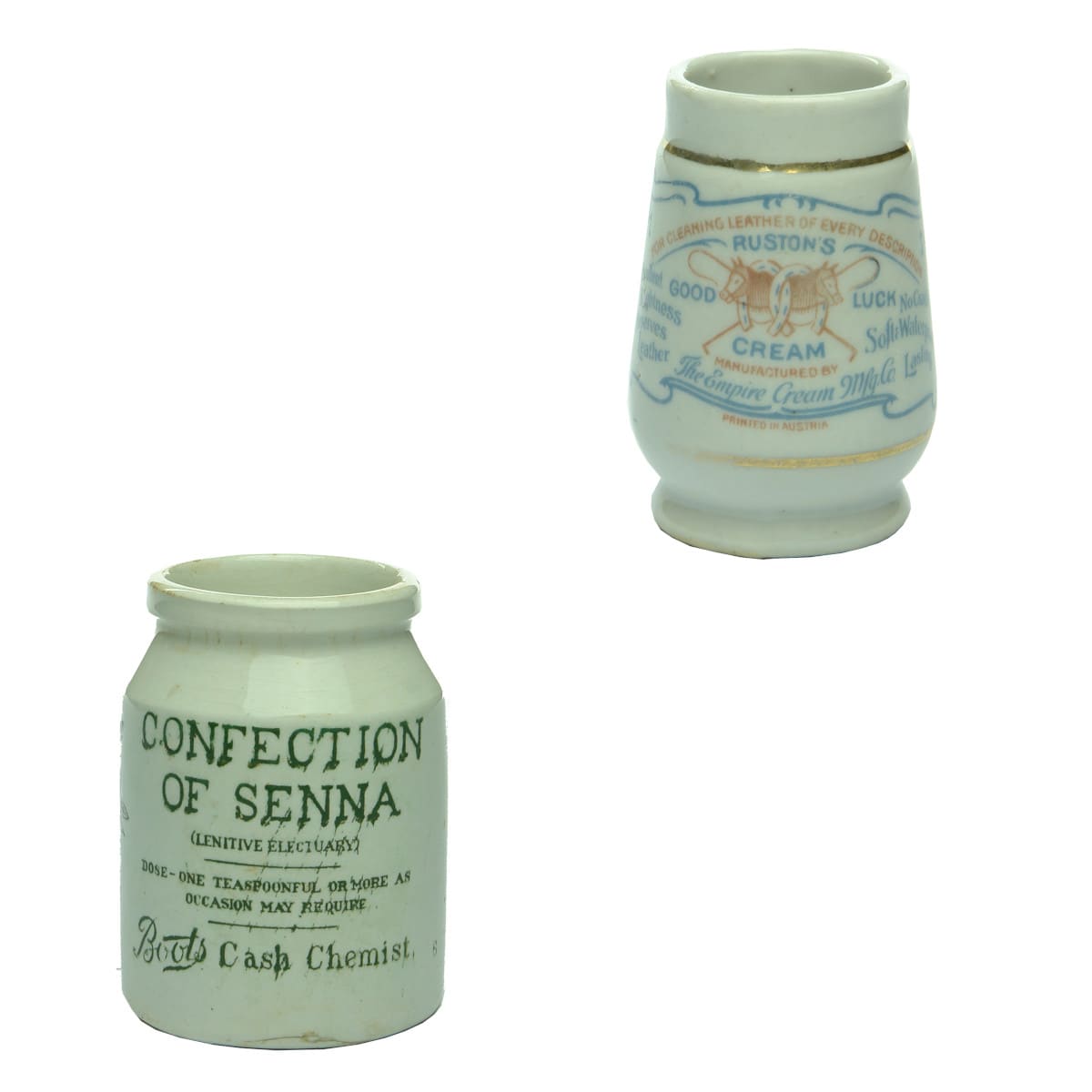 Jars. Boots Confection of Senna; Ruston's Cream, Empire Cream Mfg. Co.