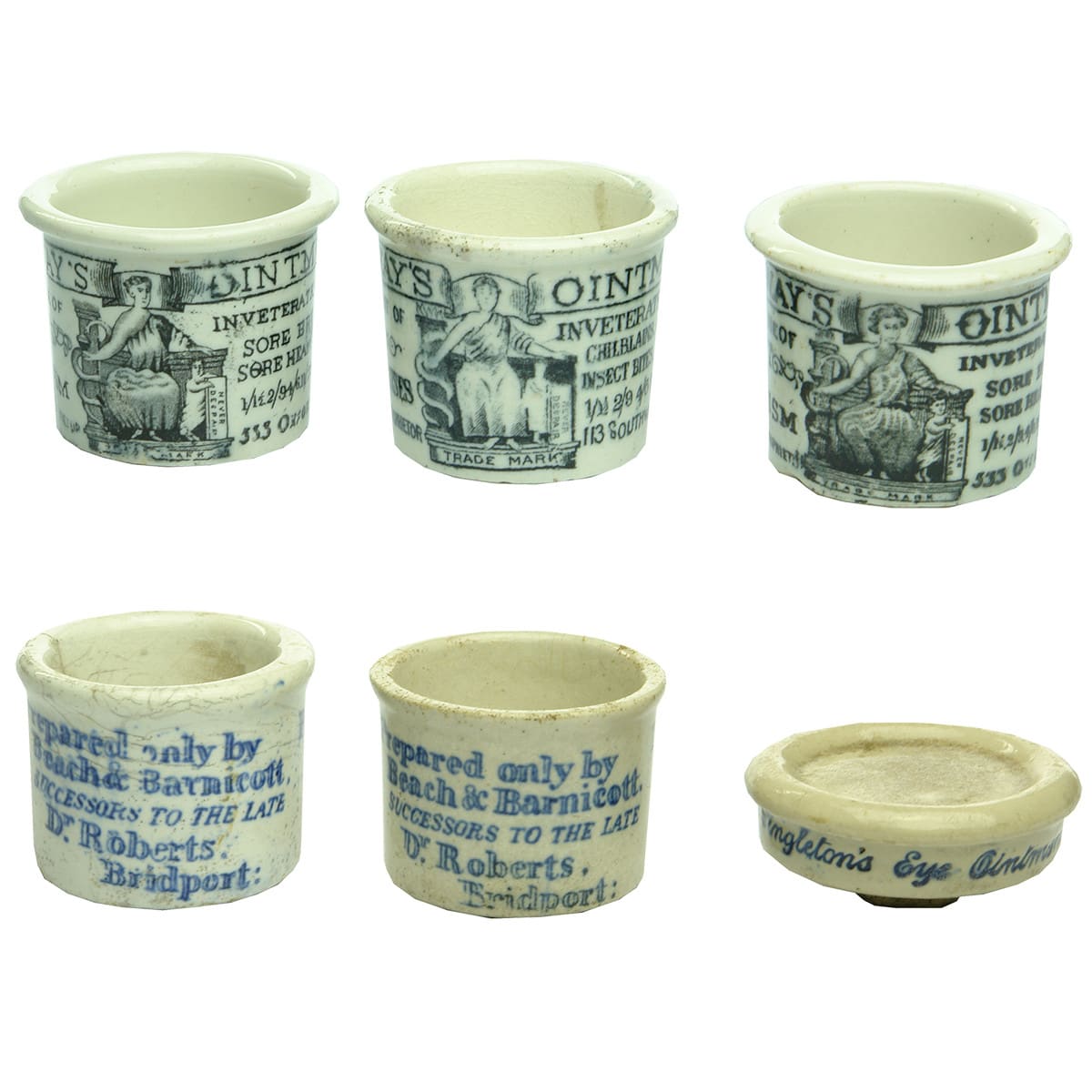 6 Pots. Three Holloway's Ointment Pots, 2 x 533 Oxford St, 1 x 113 Southwark St. Two Beach & Barnicott, Poor Mans Friend Ointment Pots and a Singleton's Eye Ointment. (United Kingdom)
