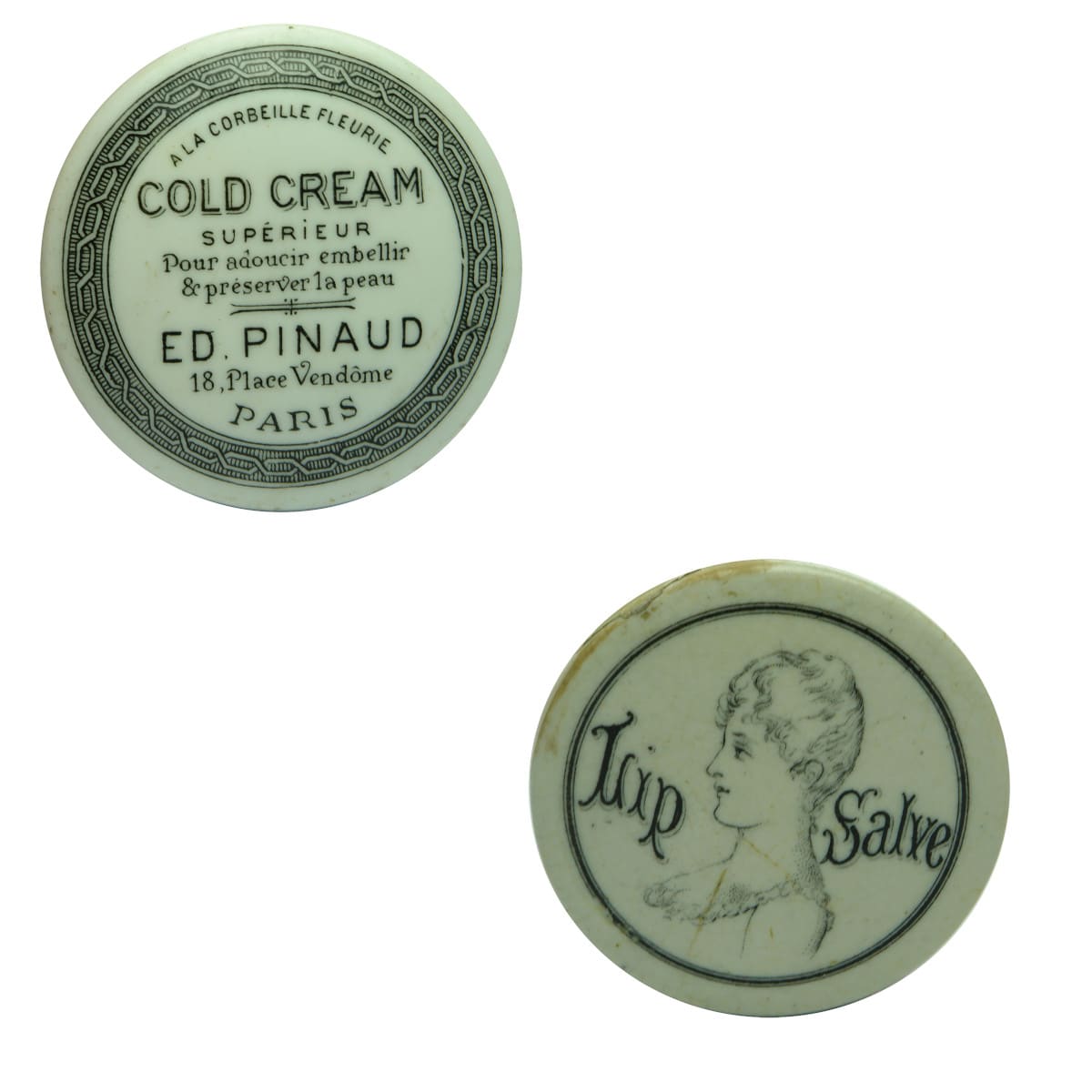 Two Pot Lids: Ed Pinaud Paris and Lip Salve with Lady pictorial.
