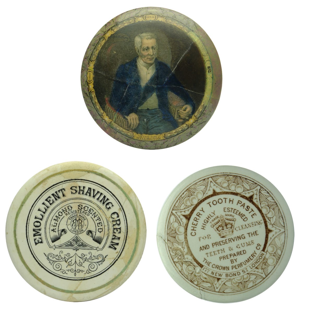 Three repaired Pot Lids: Duke of Wellington; May Roberts Chaving Cream; Crown Perfumery Cherry Tooth Paste.