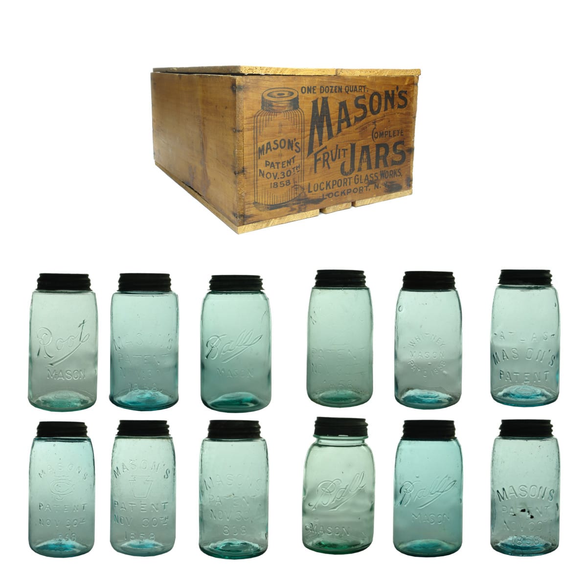 Jars. Original Wooden Box for Mason Fruit Jars, One Dozen Quart, Lockport Glass Works, New York! WITH 12 DIFFERENT Mason's Jars inside! (United States)