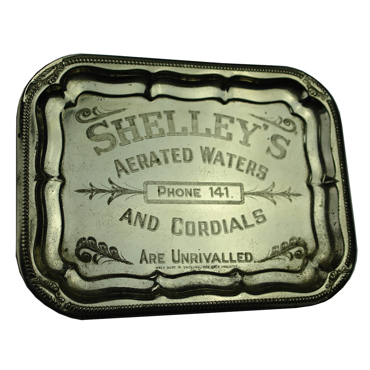 Serving Tray. Shelley's Aerated Waters and Cordials are Unrivalled. Phone 141. (Broken Hill, New South Wales)