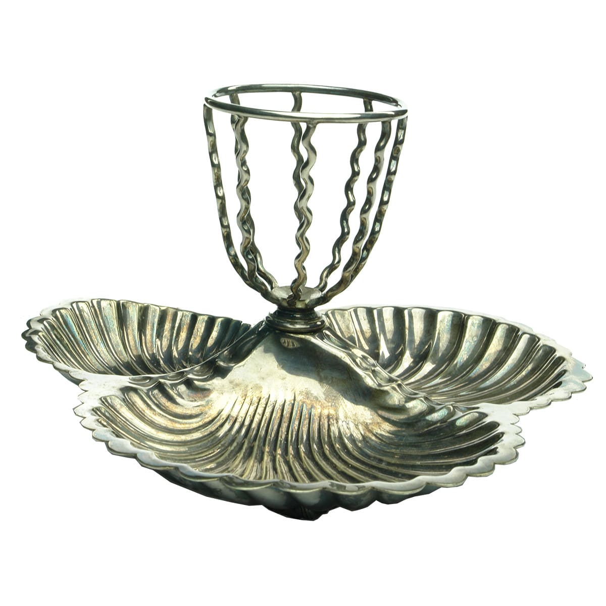 Metalware. Torpedo Holder on Scallop Shell Tray with Shell Feet.