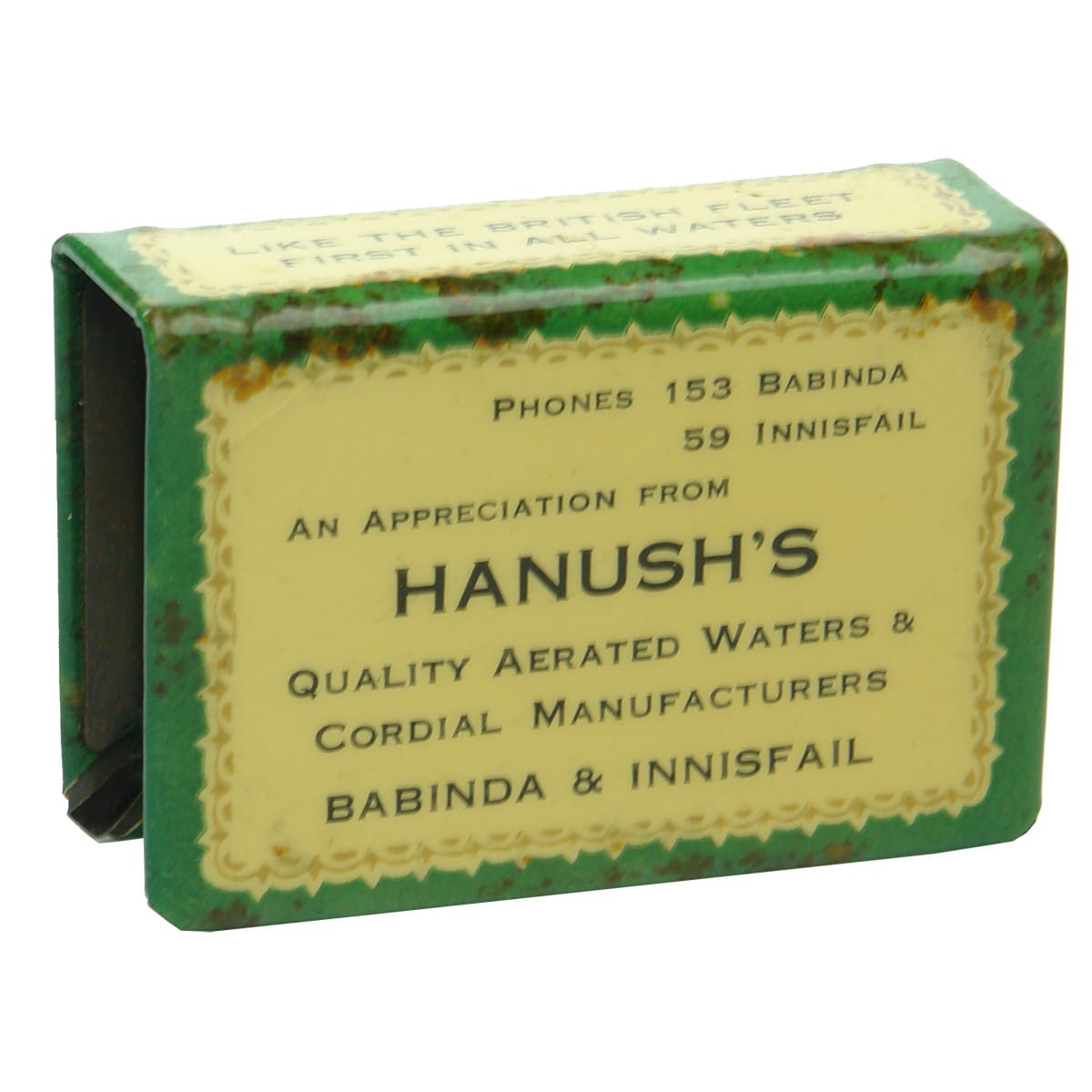 Advertising Match Box Holder. Hanush's Aerated Waters, Babinda & Innisfail. (Queensland)