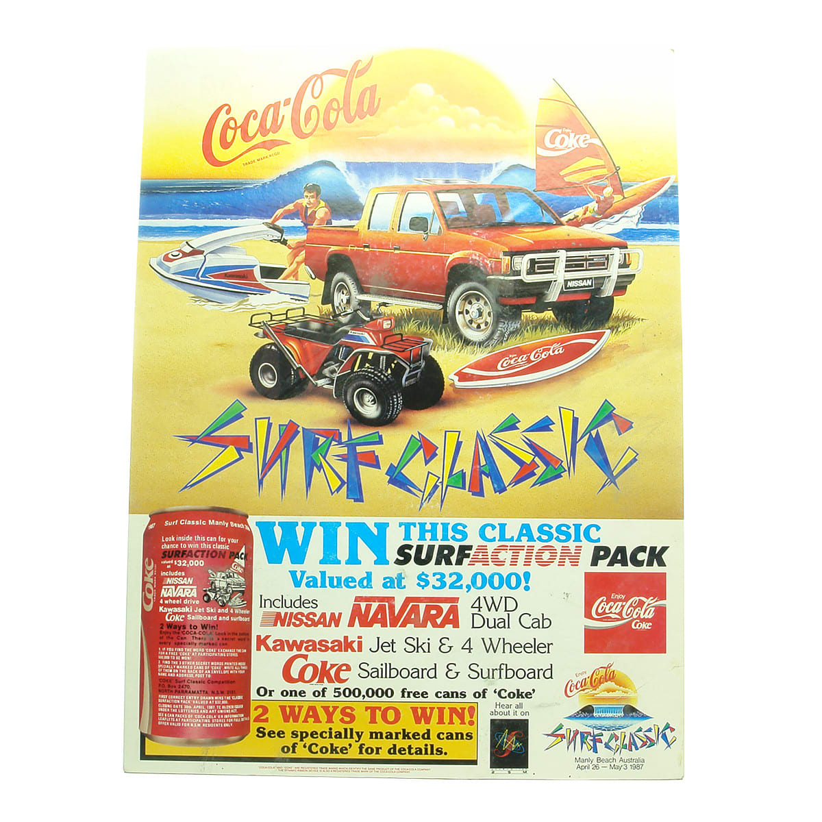 Point of Sale Cardboard Display. Coca Cola Surf Classic. Manly Beach 1987. Various prizes and picture of promotional can of Coke.