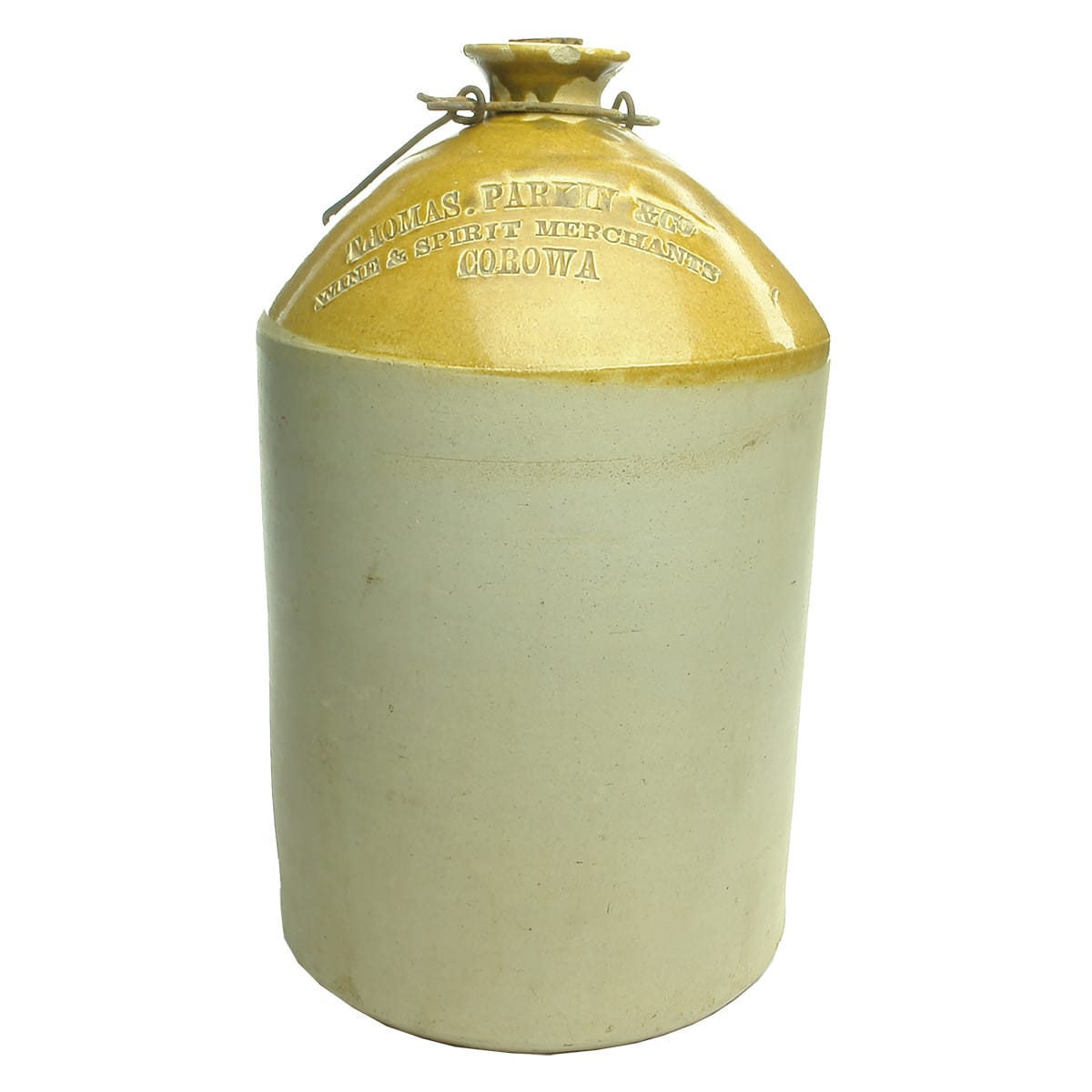 Demijohn. Thomas Parkin & Co., Corowa. Bendigo Pottery. 2 Gallon. (New South Wales)