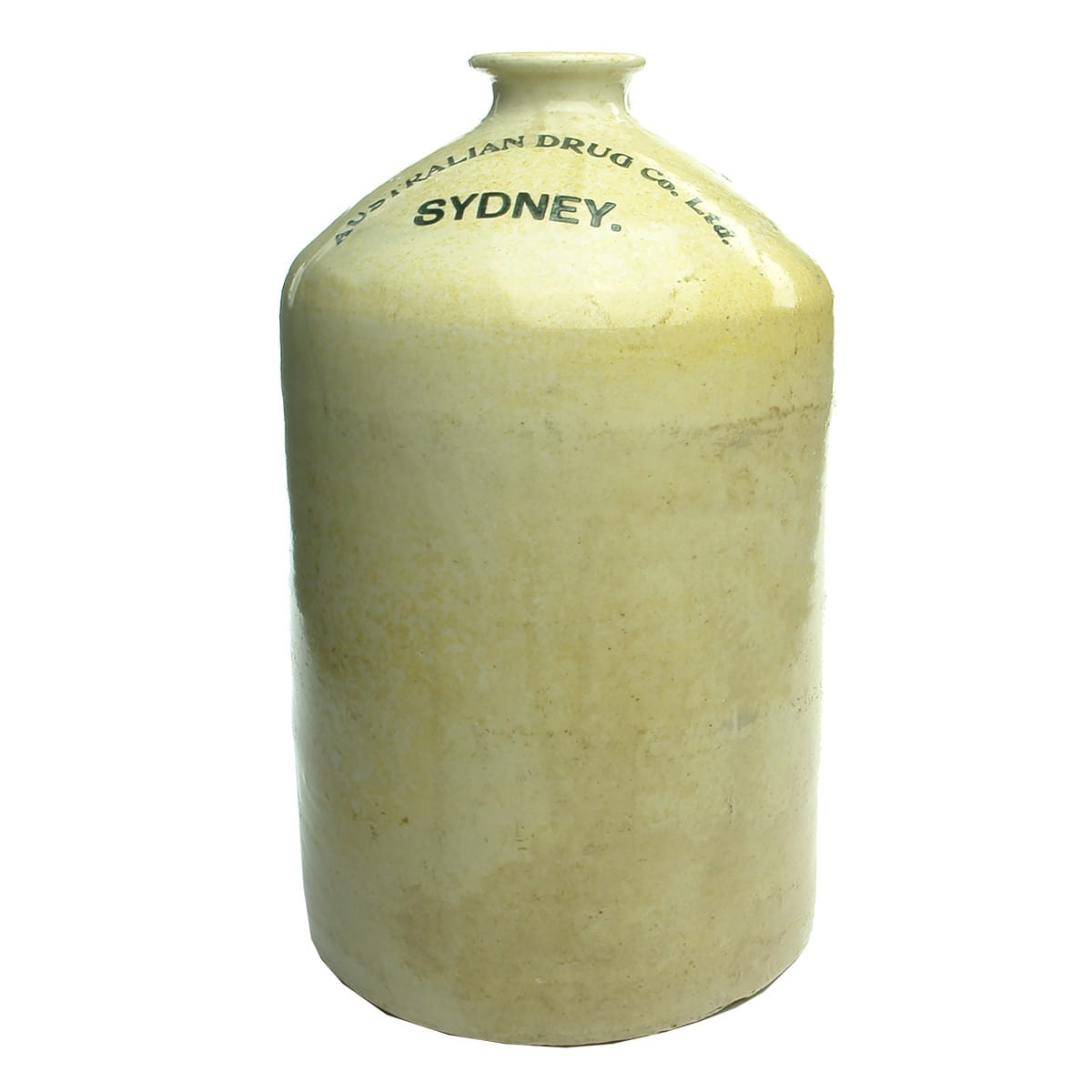 Demijohn. Australian Drug Co. Ltd. Sydney. All White. Internal Thread. R. Fowler. (New South Wales)