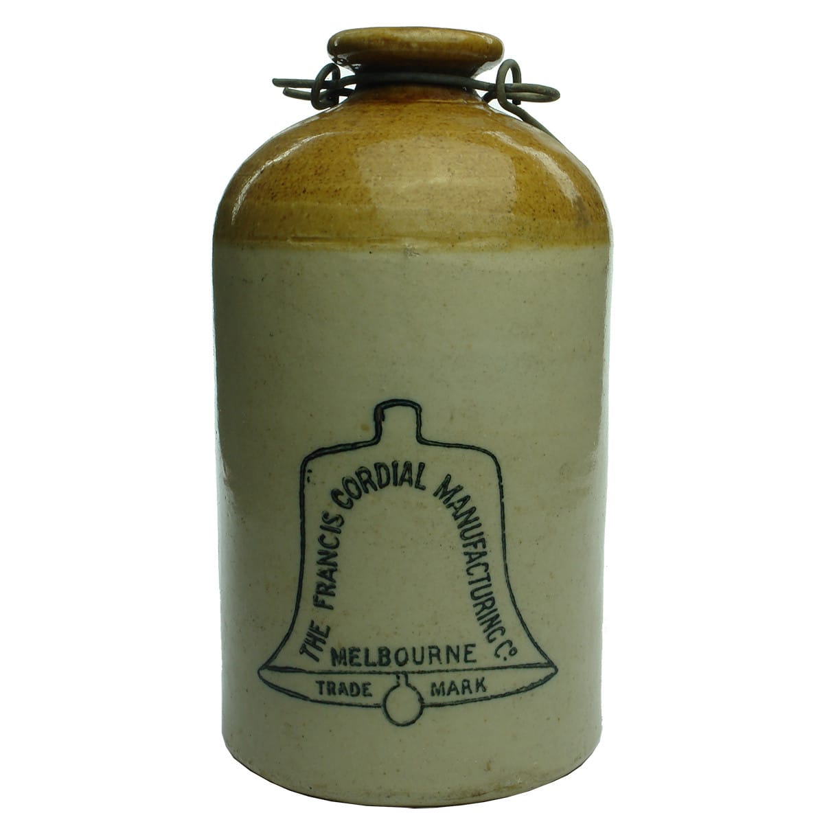 Demijohn. The Francis Cordial Manufacturing Co., Melbourne. Printed. Tan Top. Internal Thread. 1/2 Gallon. (Victoria)