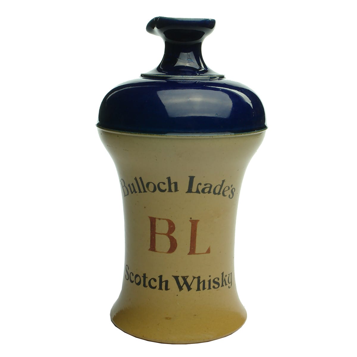 Whisky Jug. Bulloch Lade's Scotch Whisky. Royal Doulton. Pinch waisted shape. Blue top.