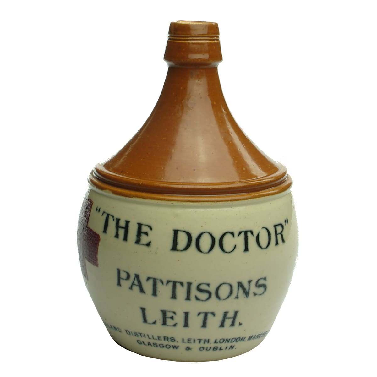 Whisky Jug. The Doctor. Pattisons Leith. Red Cross. Red Top. Port Dundas Pottery.