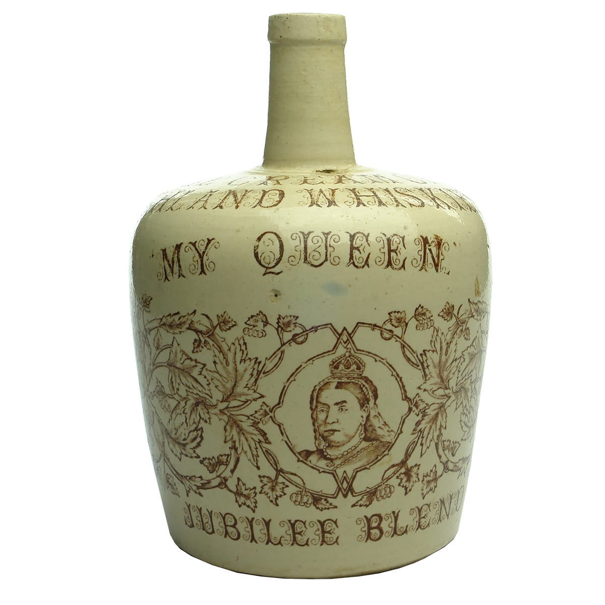 Whisky Jug. My Queen. Jubilee Blend. Thom & Cameron, Glasgow. All White with Sepia Print.