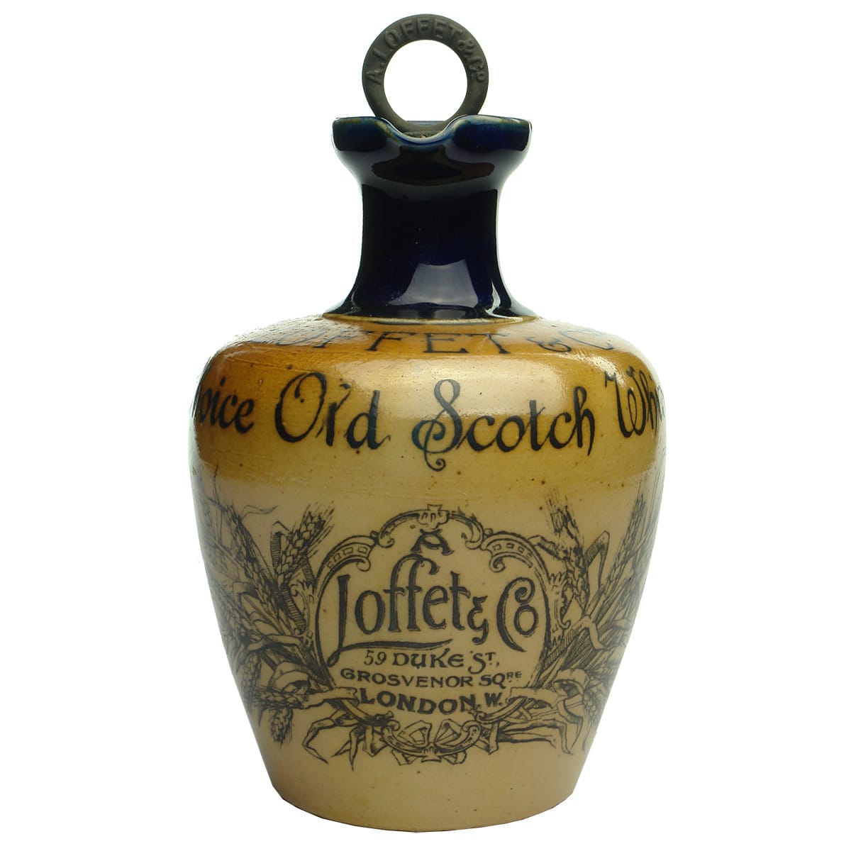 Whisky Jug. A. Loffet & Cos, Choice Old Scotch Whisky, London. Blue top. Original Loffet stopper.