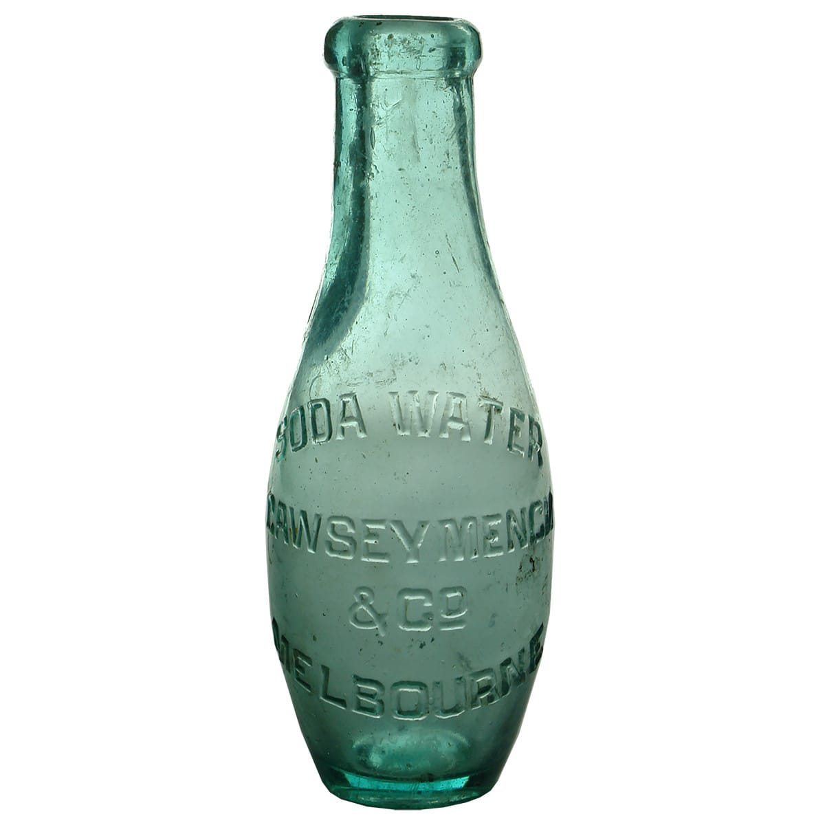 Cork top Skittle. Cawsey Menck & Co., Soda Water, Melbourne. Wide Mouth. Aqua. (Victoria)