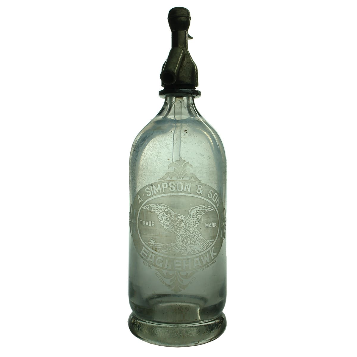 Soda Syphon. Simpson, Eaglehawk & Geo. Hay, Colac Aerated Water. French Made. Clear. Round. (Victoria)