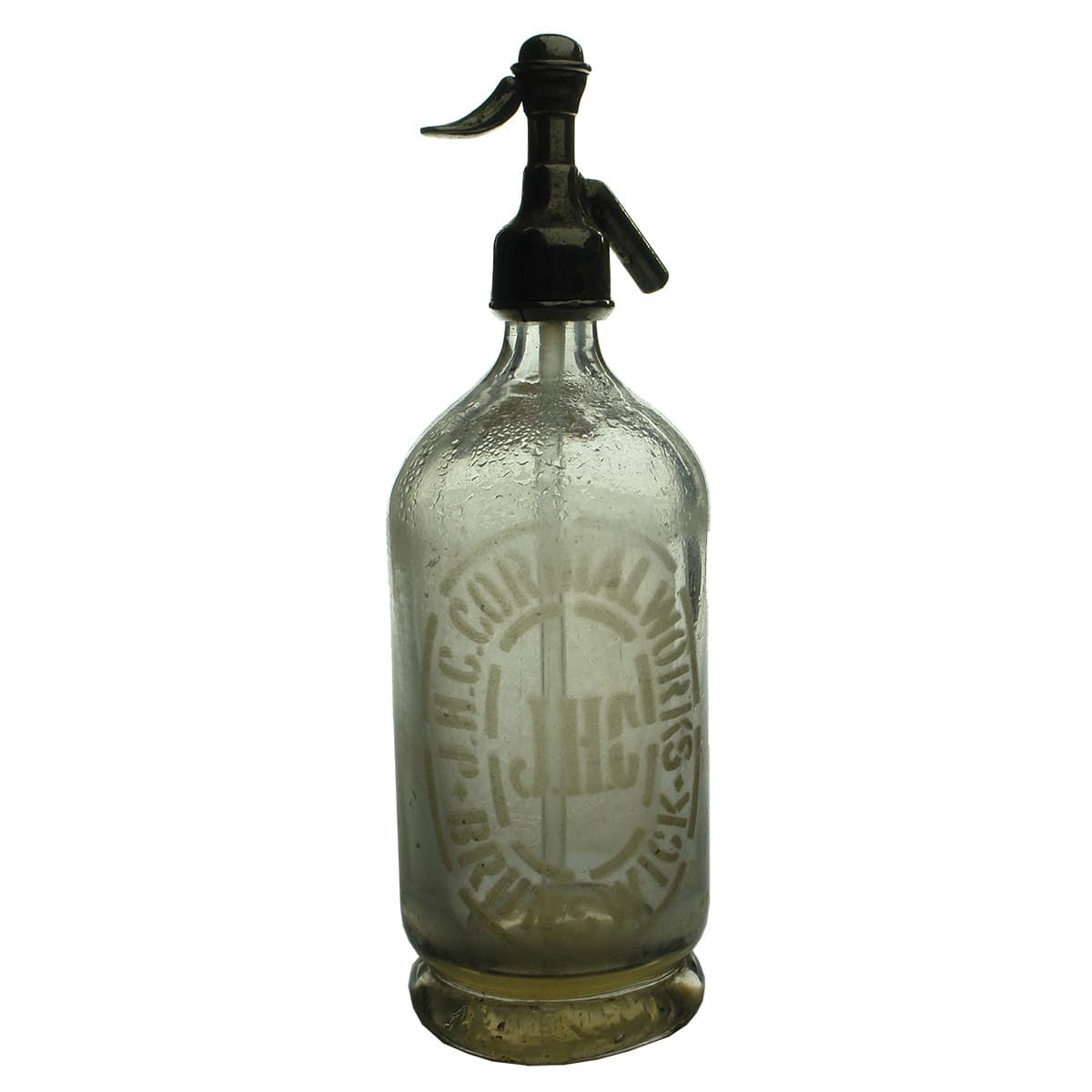 Soda Syphon. J. H. C. Cordial Works, Brunswick with Kelly & Co, Hobart to rear. Clear. Round. 30 oz. (Victoria, Tasmania)