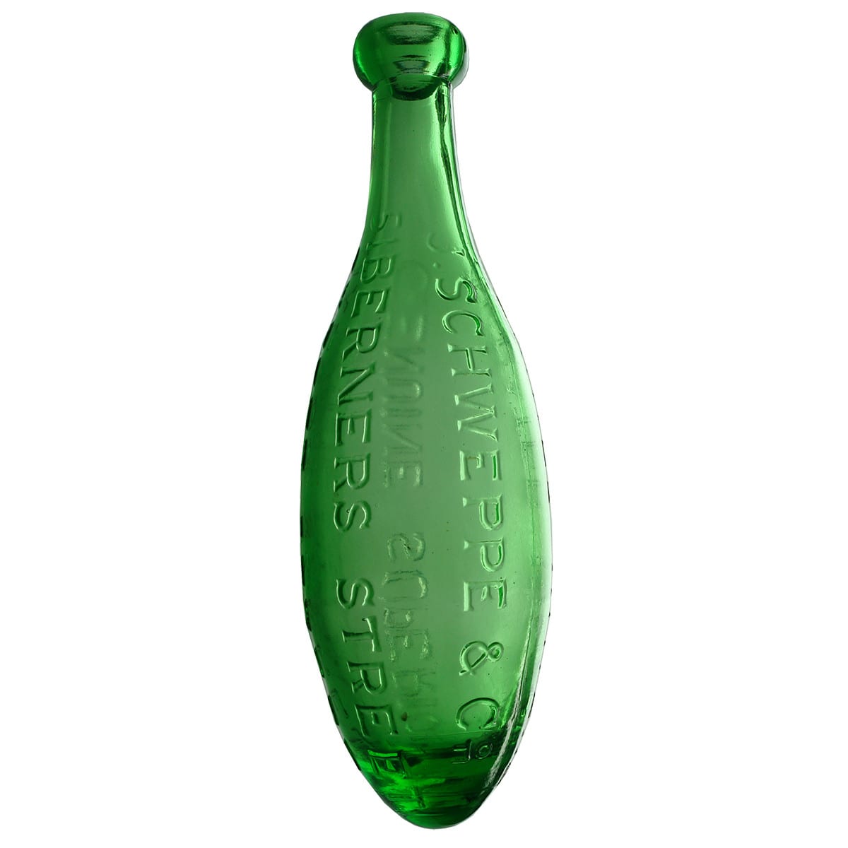 J. Schweppe & Co. Berners Street. Oxford Street. Modern Commemorative Torpedo Bottle. Lime Green.